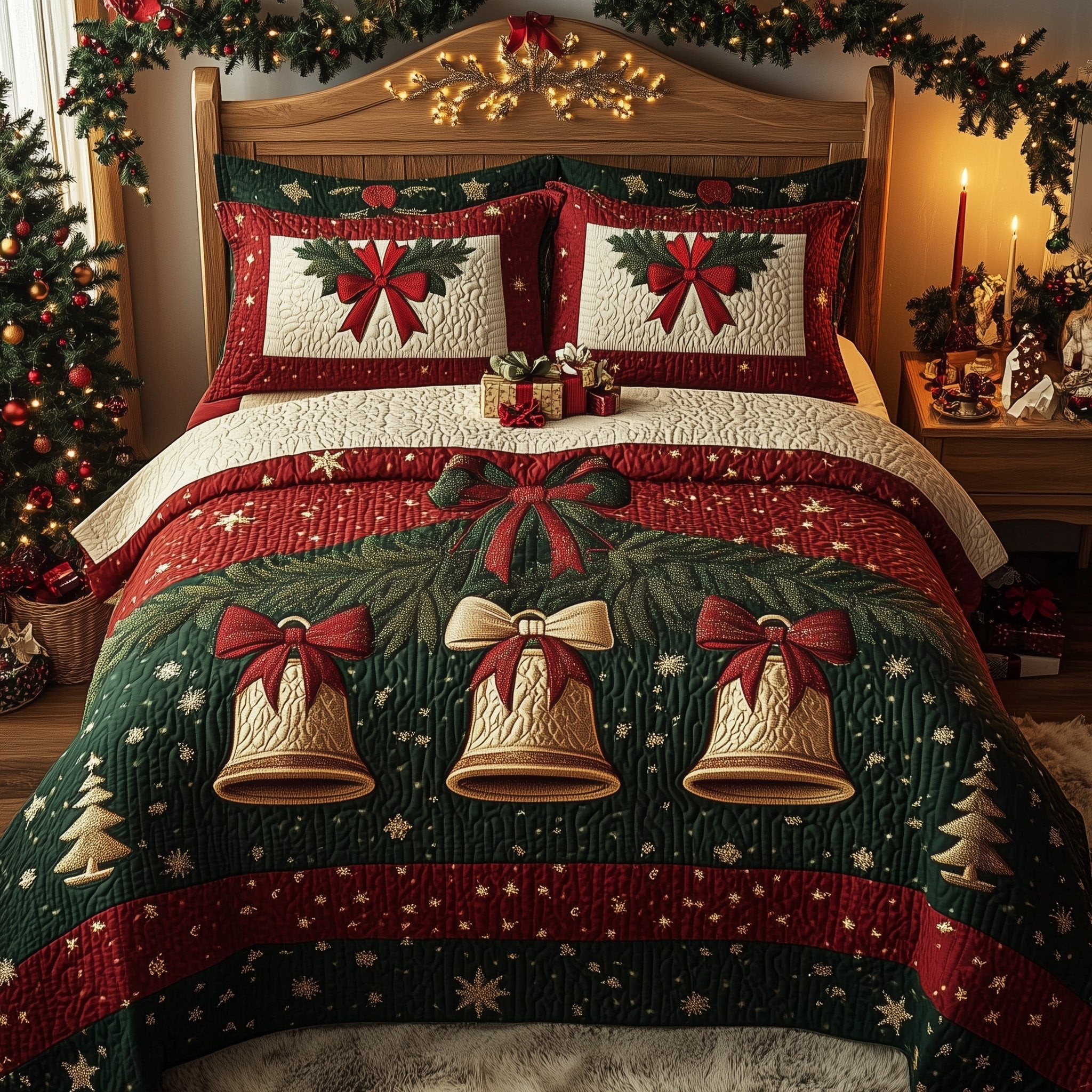 Jingle Bell Quilted Bedding Set Santa Bell Theme Bedding Best Xmas Bedding Gifts