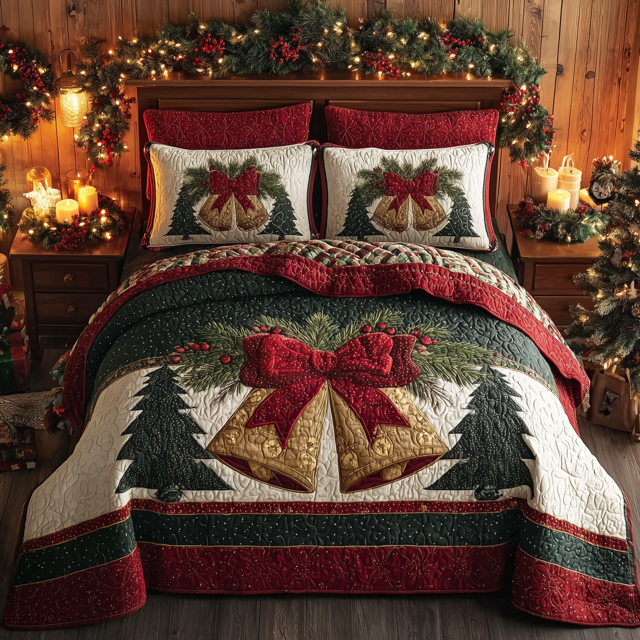 Jingle Bell Quilted Bedding Set Santa Bell Theme Bedding Best Xmas Bedding Gifts For Her