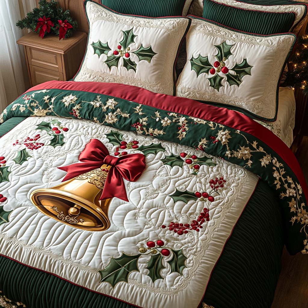 Jingle Bells Elegance Quilted Bedding Set Holiday Duvet Covers Xmas Gifts For Family
