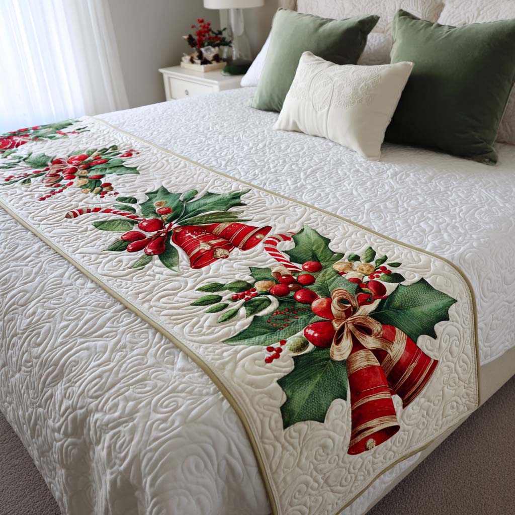 Jingle Bells Quilted Bed Runner Bedroom Holiday Decor Best Christmas Gifts 2025