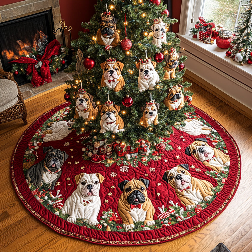 Jingle Bulldog Joy Quilted Christmas Tree Skirt Perfect Merch Gift Tree Skirt for Holiday Season