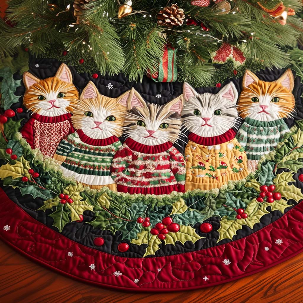 Jingle Cat Christmas Quilted Tree Skirt Warm and Cozy Quilted Tree Skirt for Winter Festivities