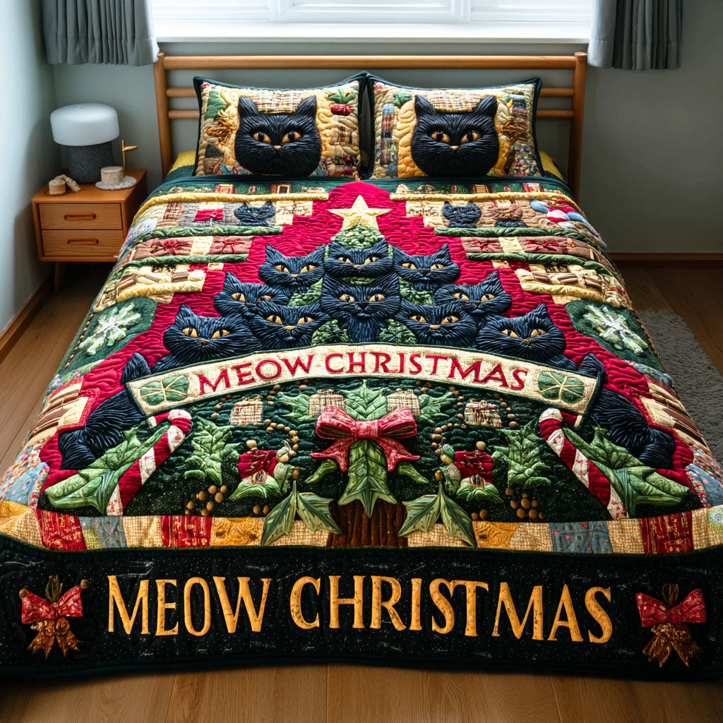 Jingle Cat Spirit Quilted Bedding Set Christmas Bed Sheets Black Cat Gift Items