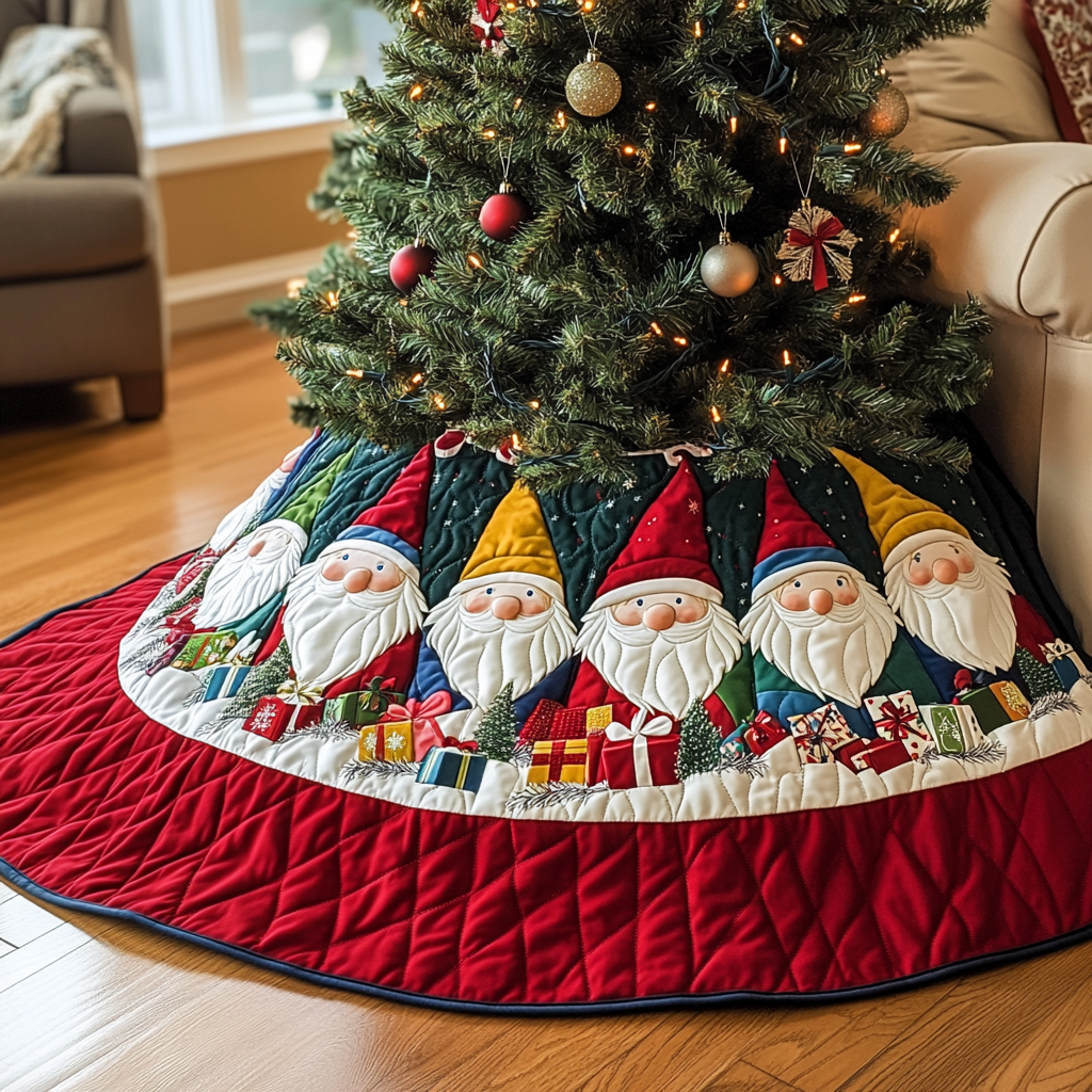 Jingle Gnomes Quilted Christmas Tree Skirt Cozy Holiday Tree Skirt to Brighten Your Home