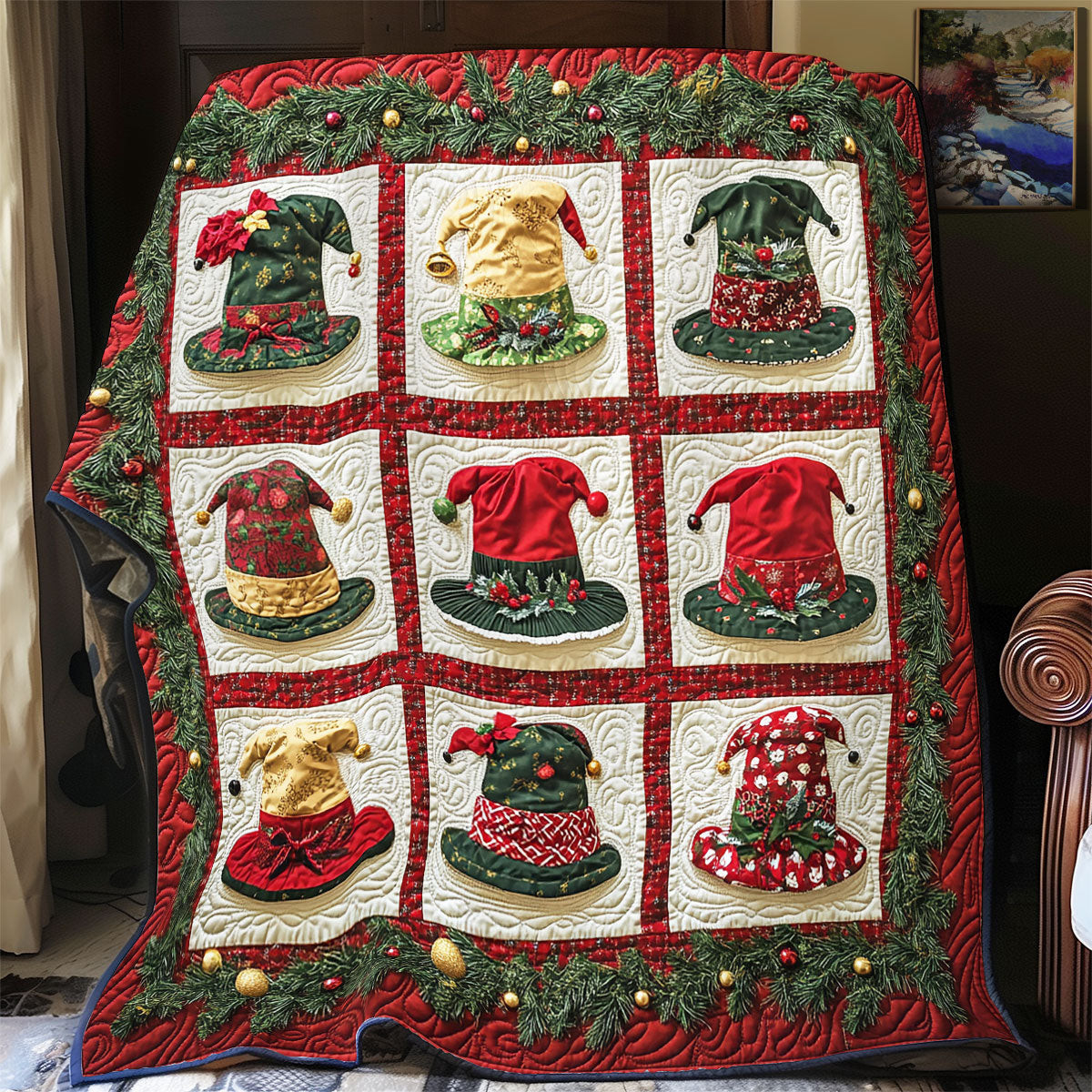 Jingle Hat Patchwork Quilt Blanket Perfect Gift For Friends and Family on Christmas Day