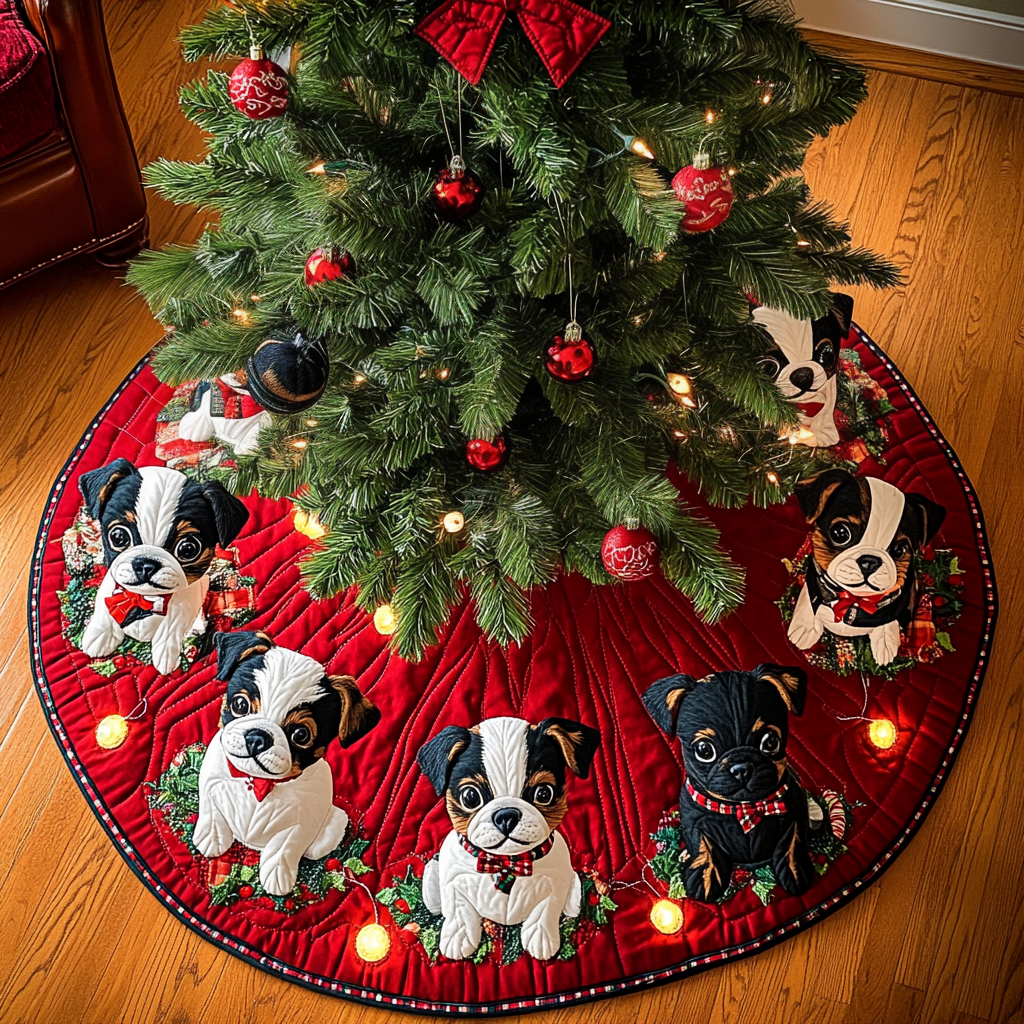 Jingle Paws Boston Terrier Christmas Quilted Tree Skirt Festive Christmas Tree Skirt for Holiday Decor