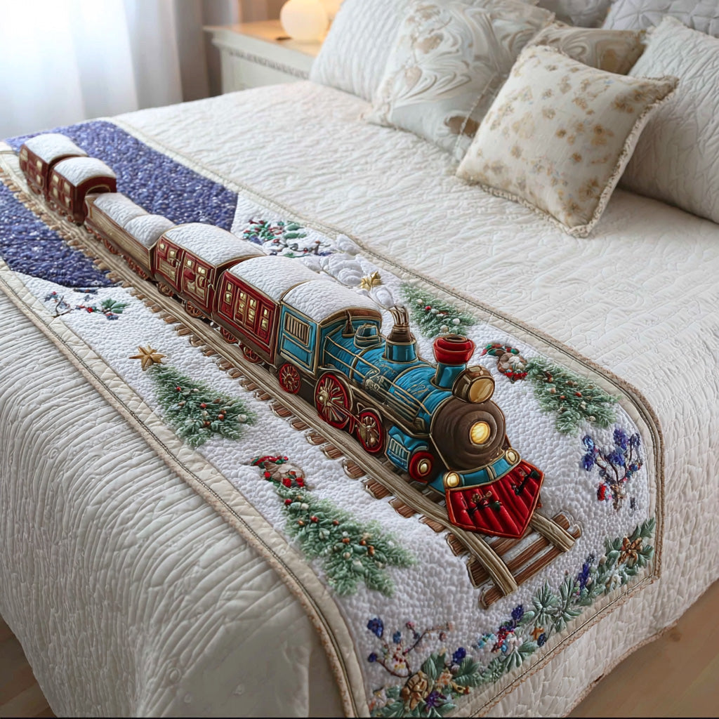 Jingle Rail Route Quilted Bed Runner Christmas Holiday Decor Best Family Xmas Gifts