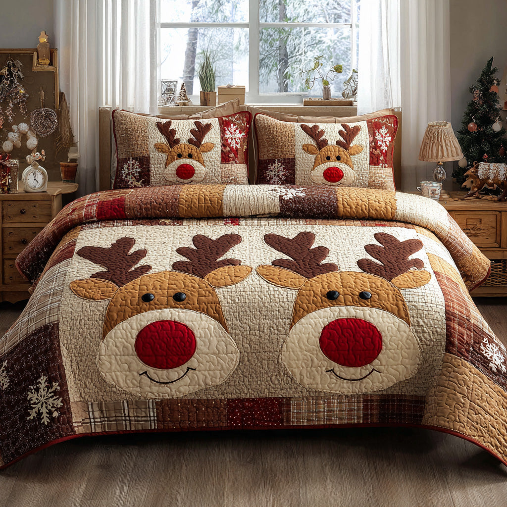 Jingle Reindeer Quilted Bedding Set Lightweight Duvet Cover Set for Year-Round Comfort