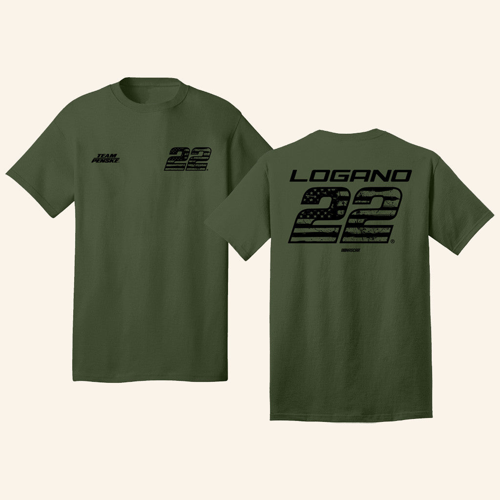 Joey Logano Merch 22 Logano Patriotic Olive Green T-Shirt Gifts For Him Joey Logano Merch 22 Logano Patriotic Olive Green T-Shirt Gifts For Him