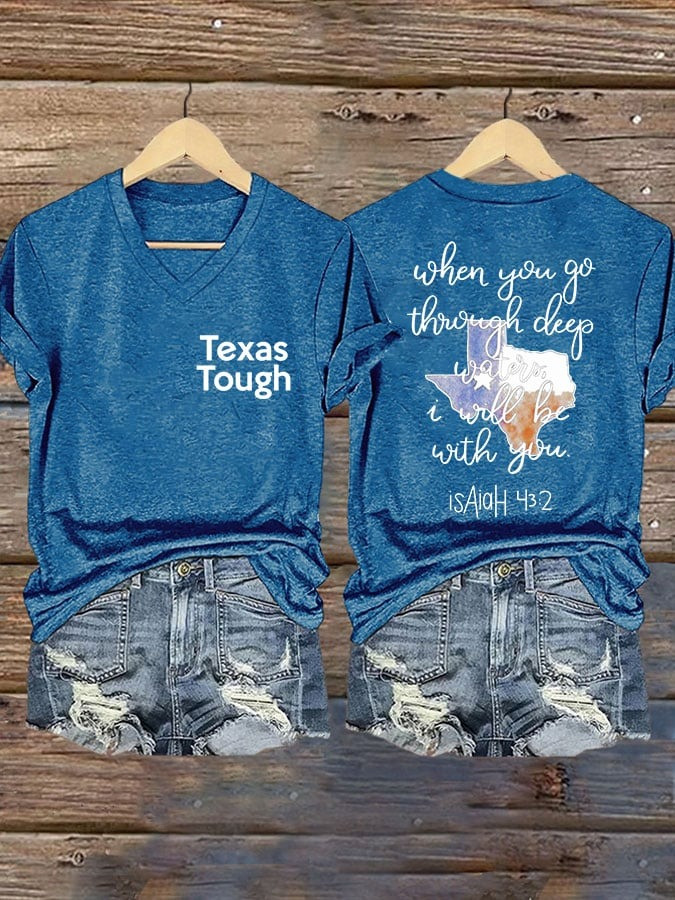 Join us in praying for Texas V-Neck Retro Texas Tough When You Go Through Deep Waters, I Will Be With You. Isaiah 43-2 Print T-Shirt Gift For Texans