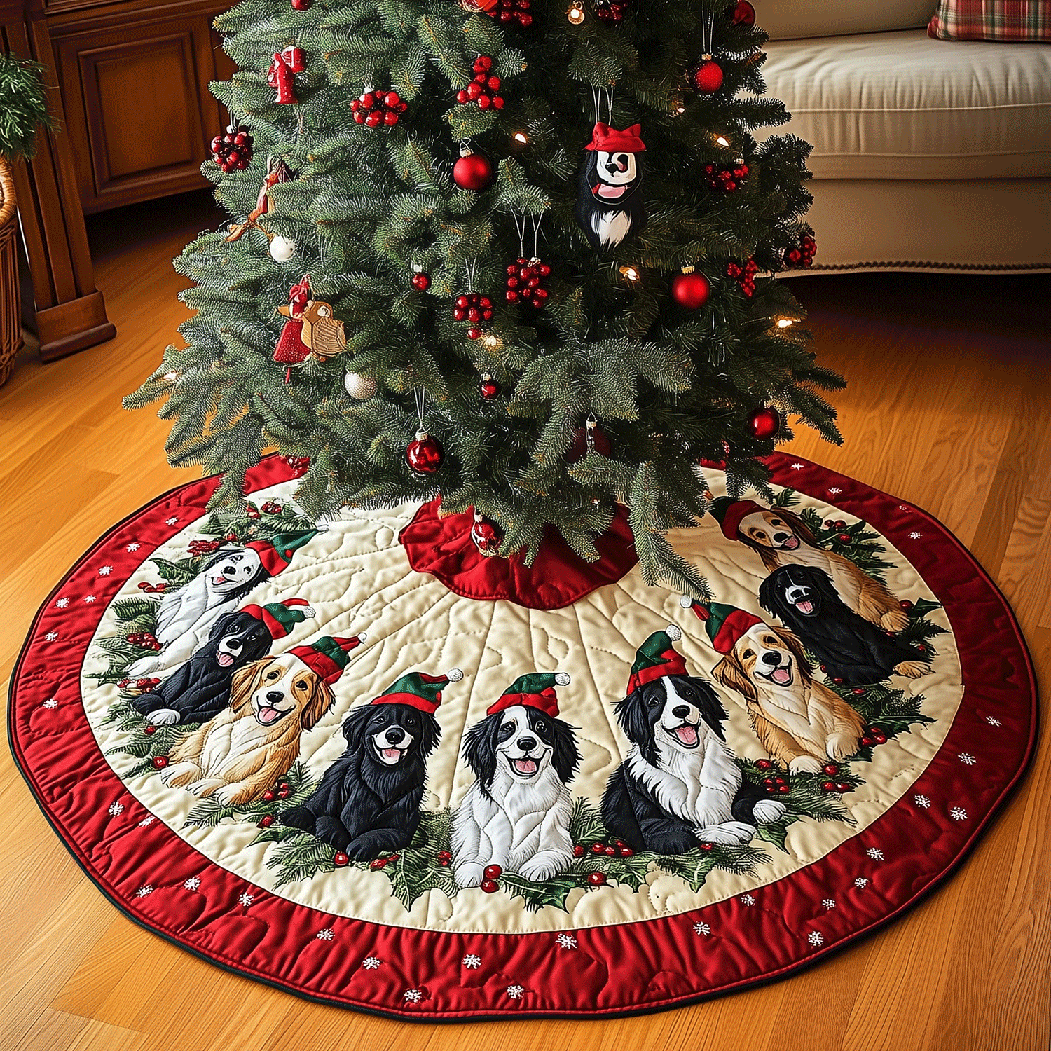 Jolly Border Collies Quilted Christmas Tree Skirt Popular Gift Merch for Christmas Enthusiasts