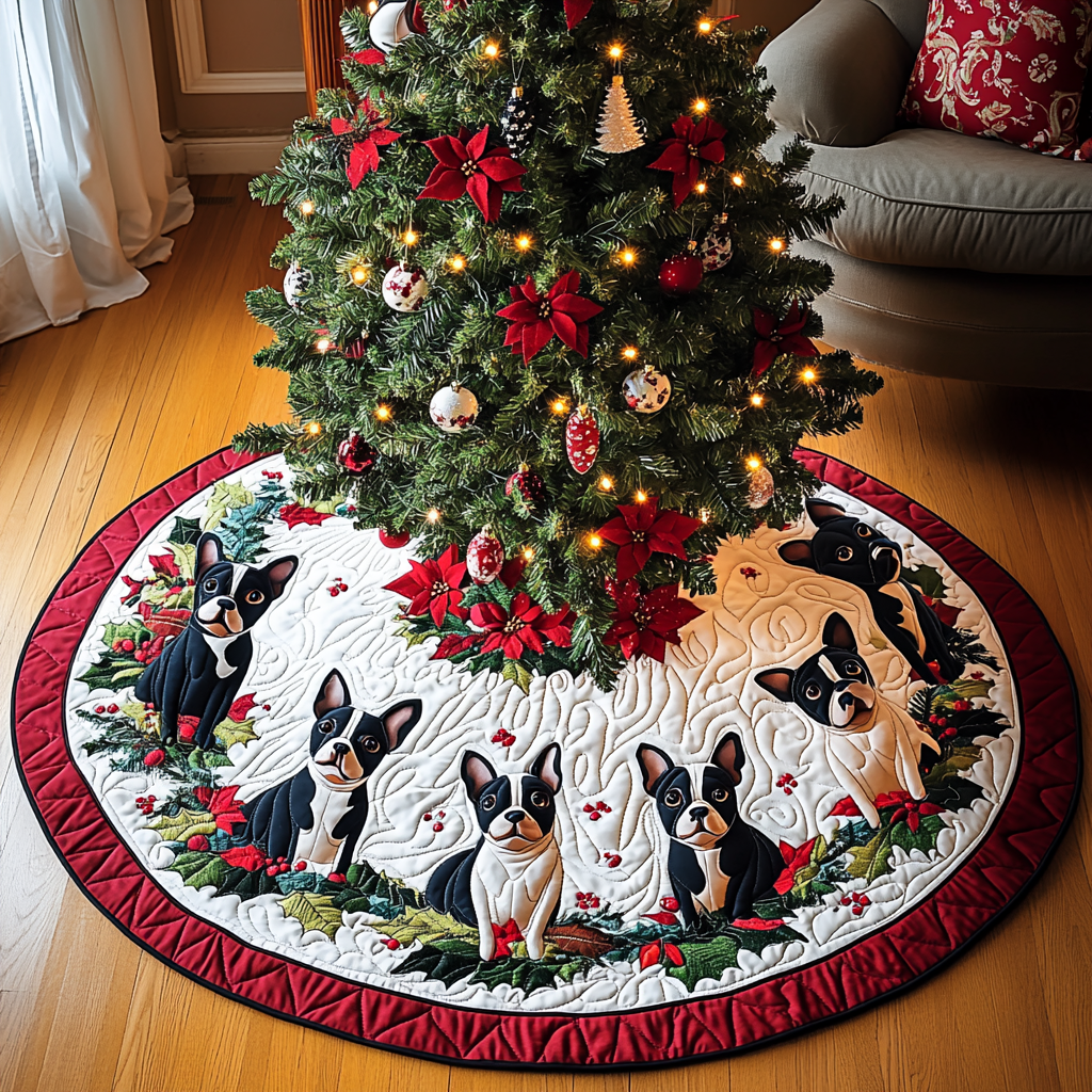 Jolly Boston Terrier Greetings Christmas Quilted Tree Skirt Warm and Soft Christmas Tree Skirt for Winter
