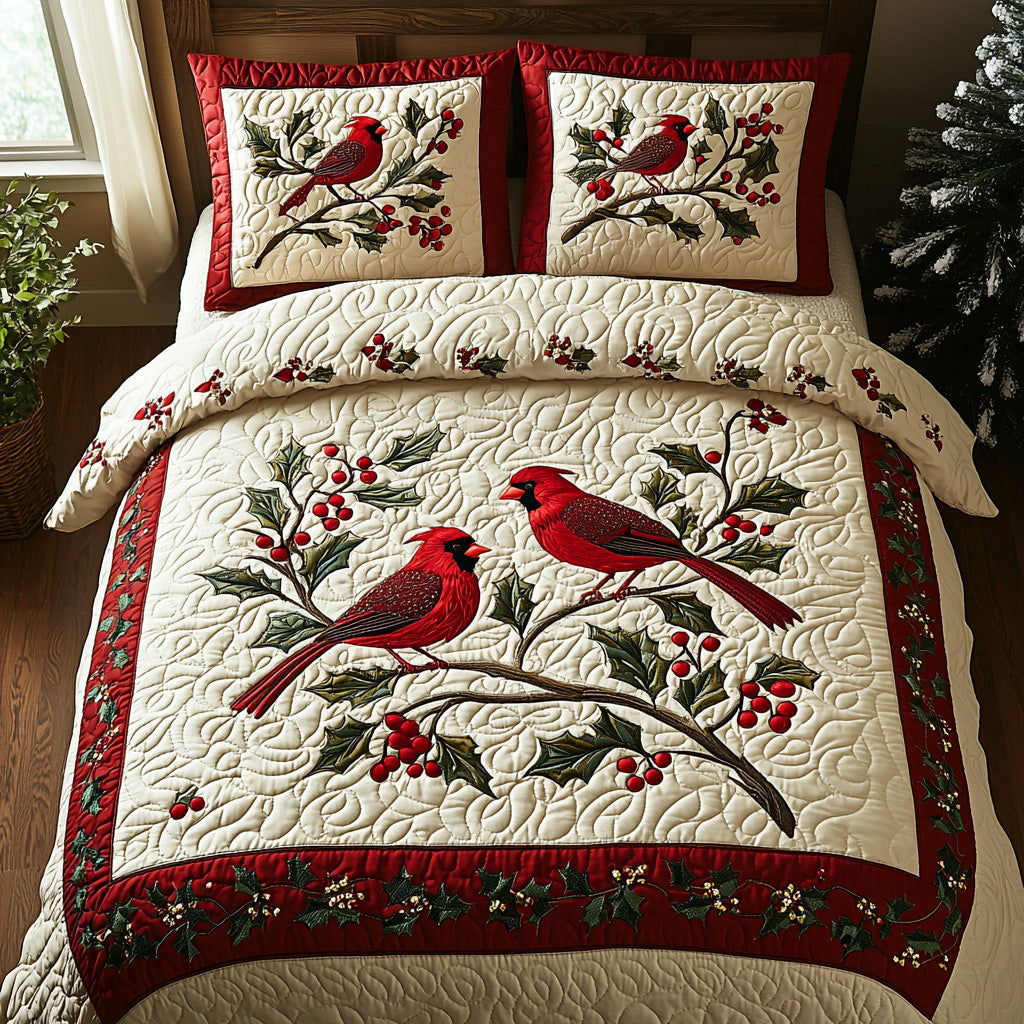 Jolly Cardinals Quilted Bedding Set Cozy Bedroom Decor Cardinal Christmas Gift Ideas