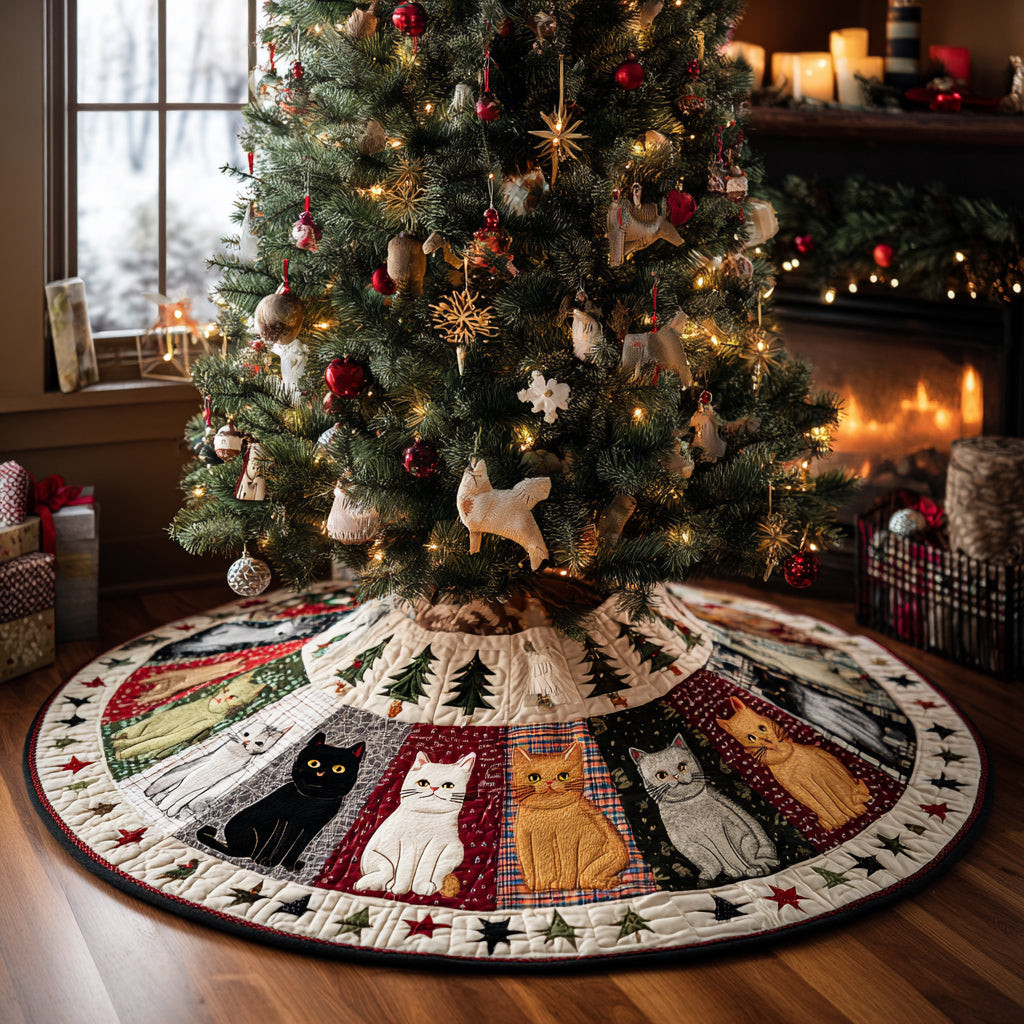 Jolly Cat Magic Christmas Quilted Tree Skirt Christmas Tree Decor Cat Gifts For Xmas