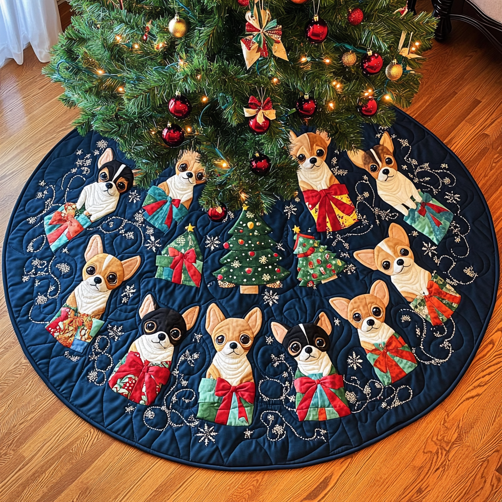 Jolly Chihuahua Joy Chritstmas Quilted Tree Skirt Lovely Holiday Tree Skirt for Festive Vibes