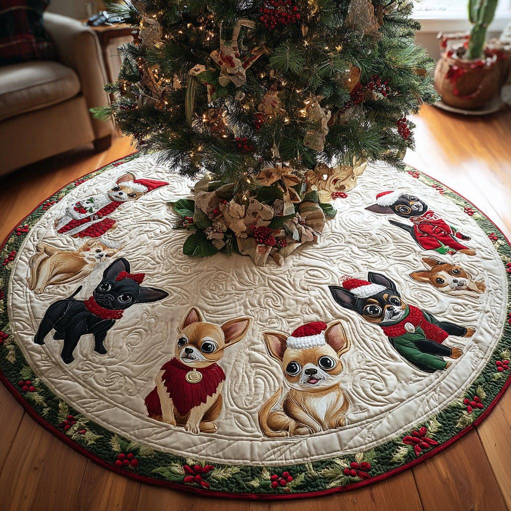 Jolly Chihuahua Quilted Christmas Tree Skirt Xmas Indoor Decorations Presents For Chihuahua Lovers