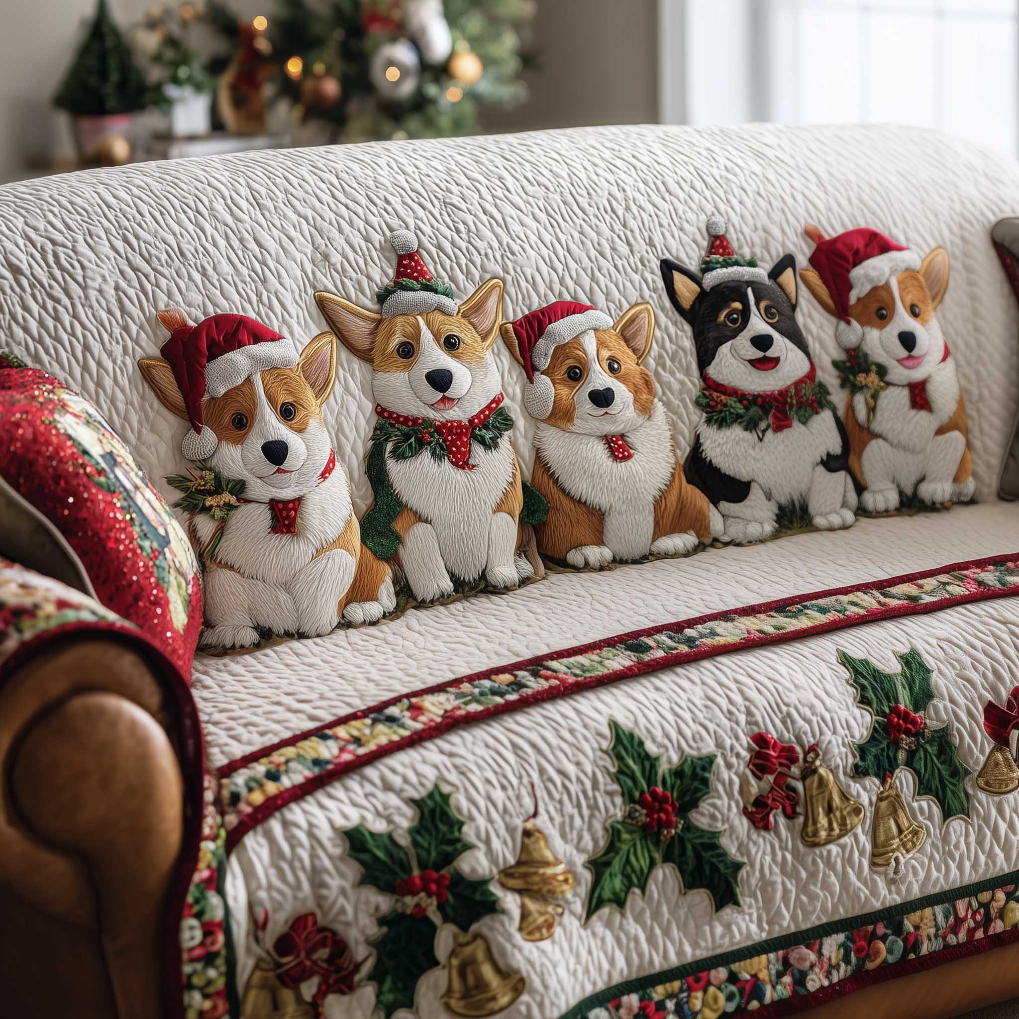 Jolly Corgi Quilted Sofa Cover Cute Jolly Dog Christmas Great Decoration Corgi Owner Gifts