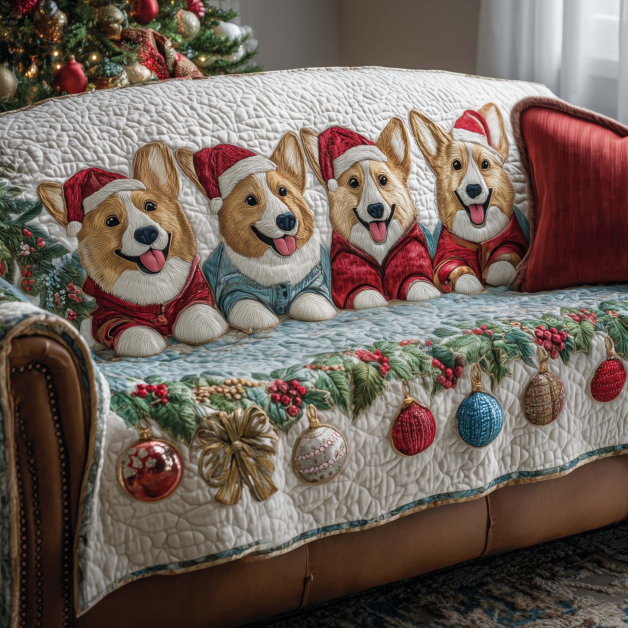 Jolly Corgi Quilted Sofa Cover Cute Waving Dog Motif Corgi Owner Gifts