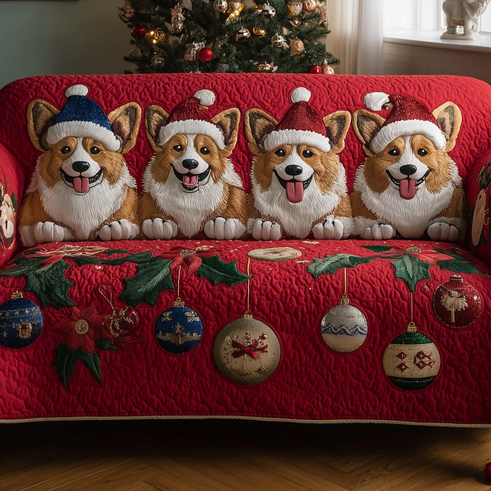 Jolly Corgi Quilted Sofa Cover Happy Dog Christmas Ball Sofa Cover Corgi Owner Gifts