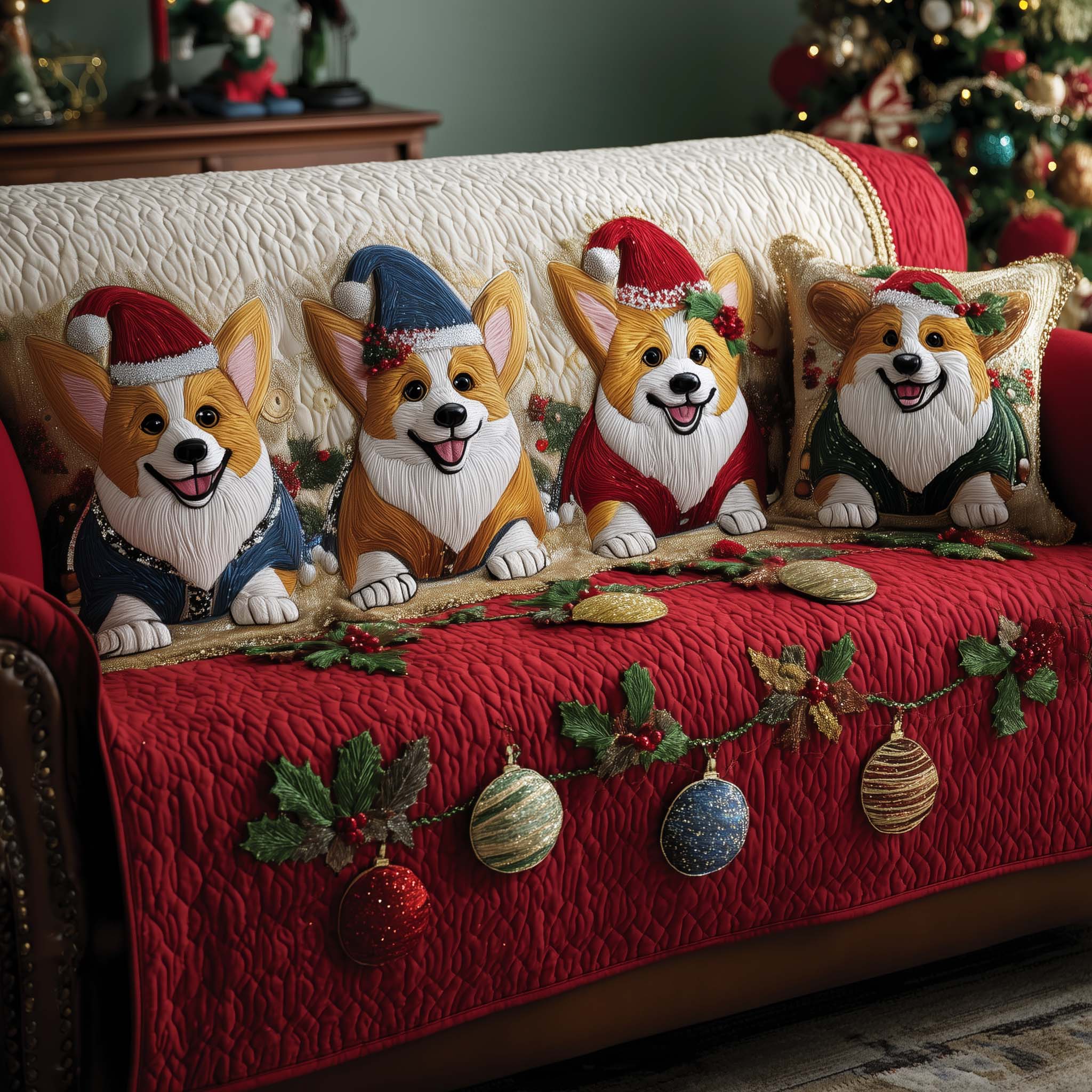Jolly Corgi Quilted Sofa Cover Smile Dog With Christmas Balls Corgi Owner Gifts