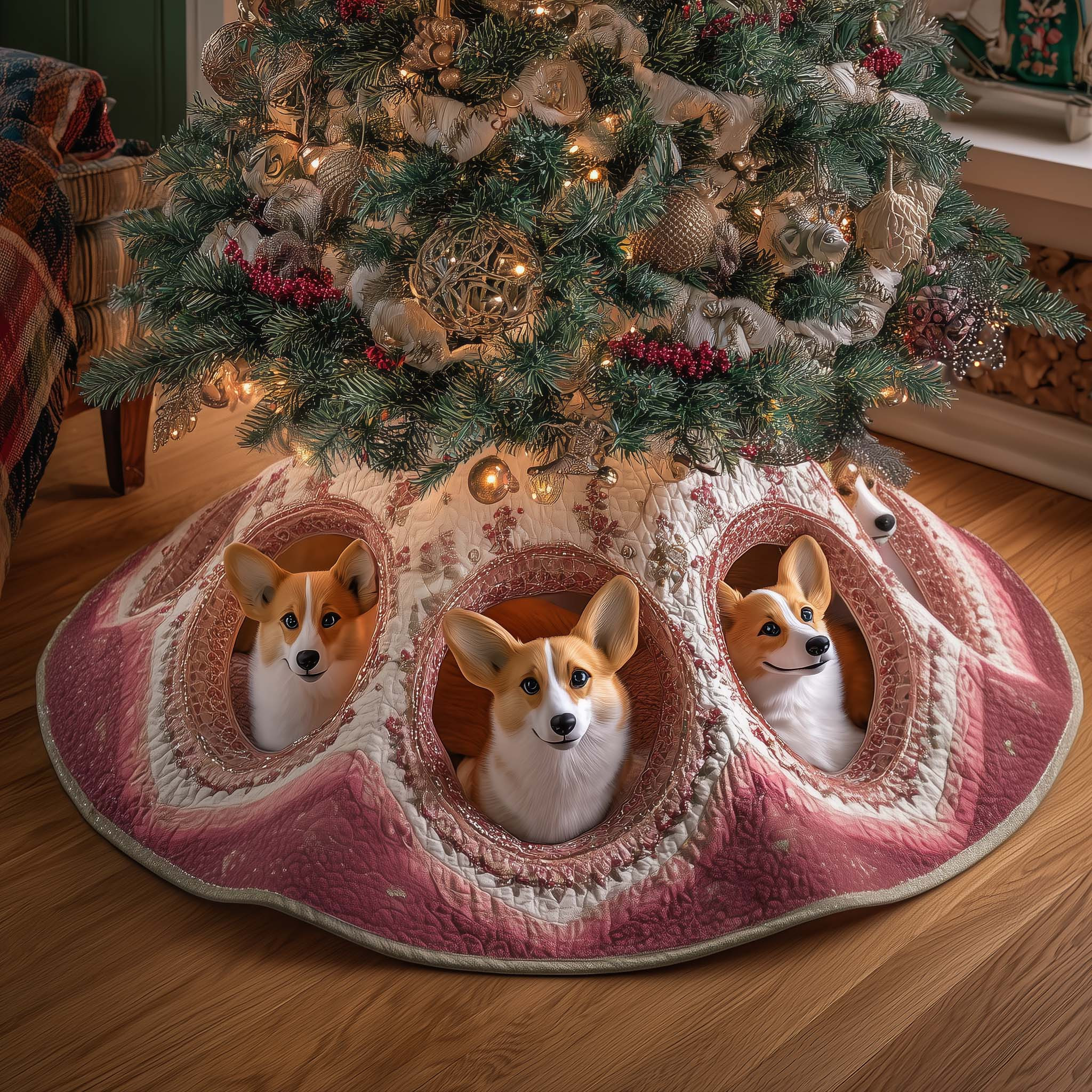 Jolly Corgi Quilted Tree Skirt Animal Pattern Cute Home Decor Best Gifts For Corgi Lovers