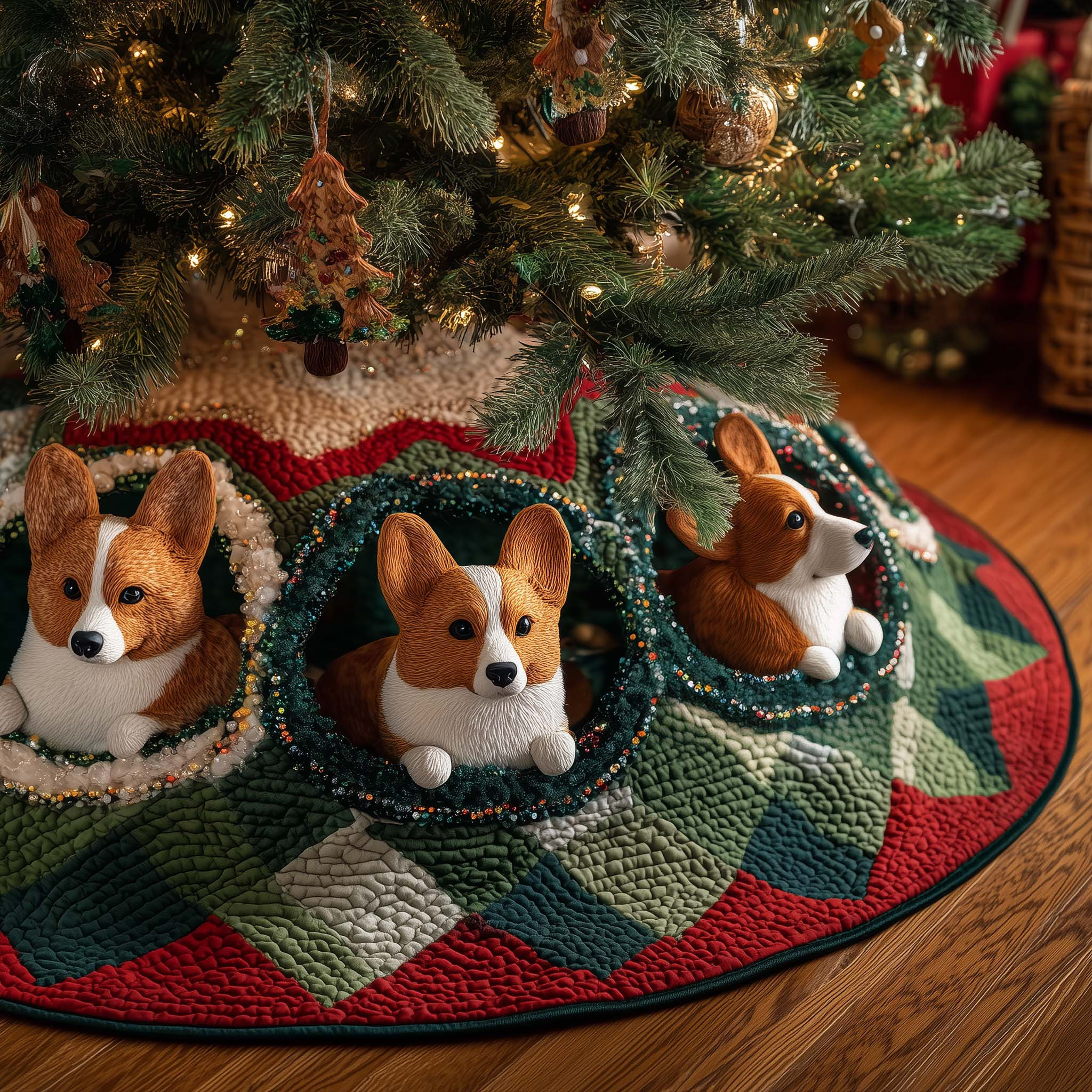 Jolly Corgi Quilted Tree Skirt Animal Themed Winter Home Decor Xmas Gifts For Corgi Owners