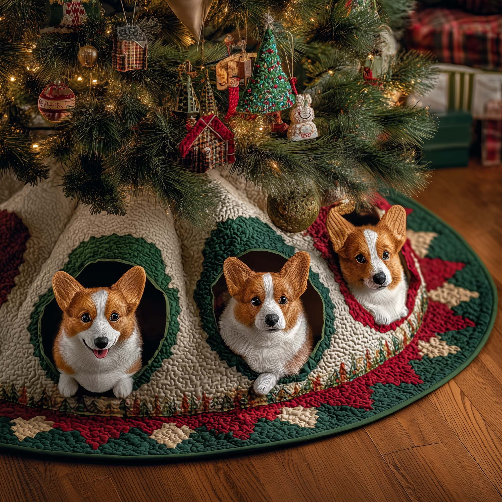 Jolly Corgi Quilted Tree Skirt Cute Home Decor Christmas Gifts For Corgi Dog Lovers