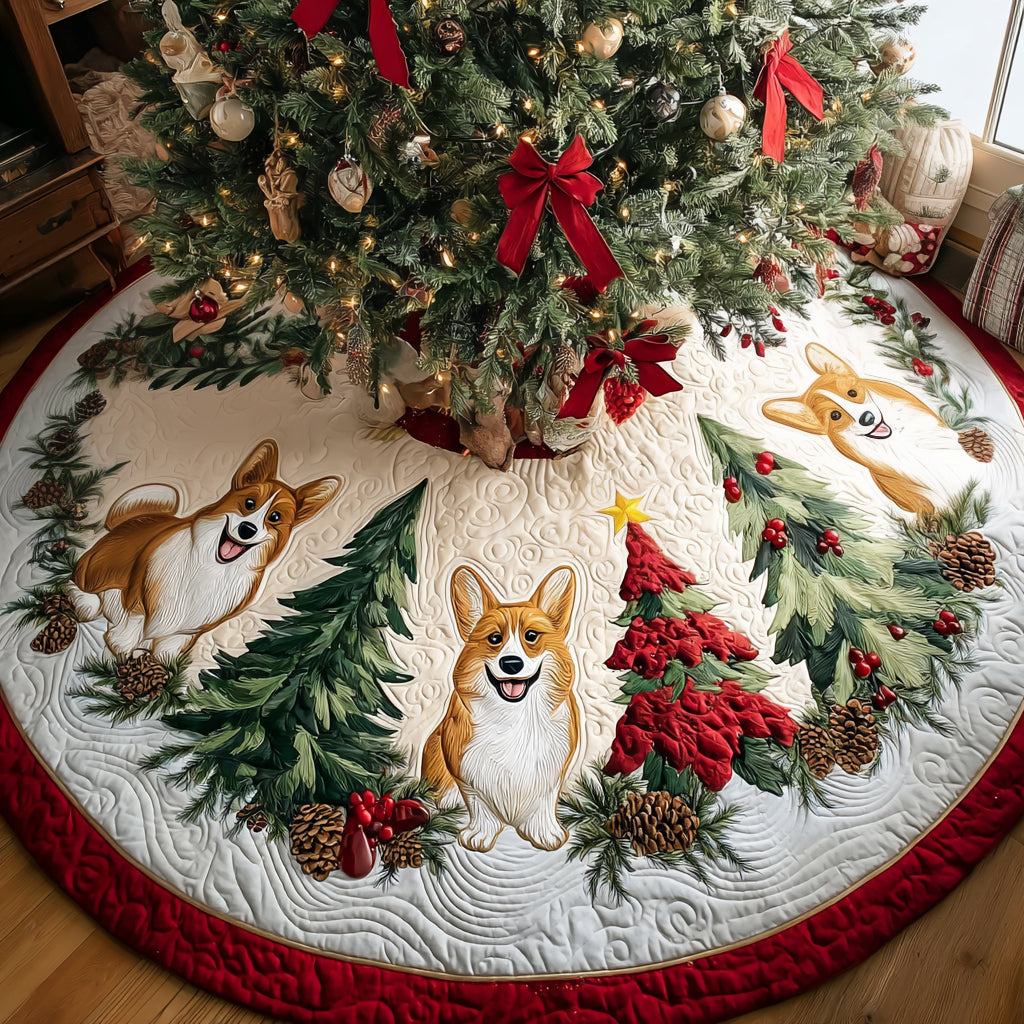 Jolly Corgi Ride Quilted Christmas Tree Skirt Winter Holiday Decor Dog Inspired Gifts