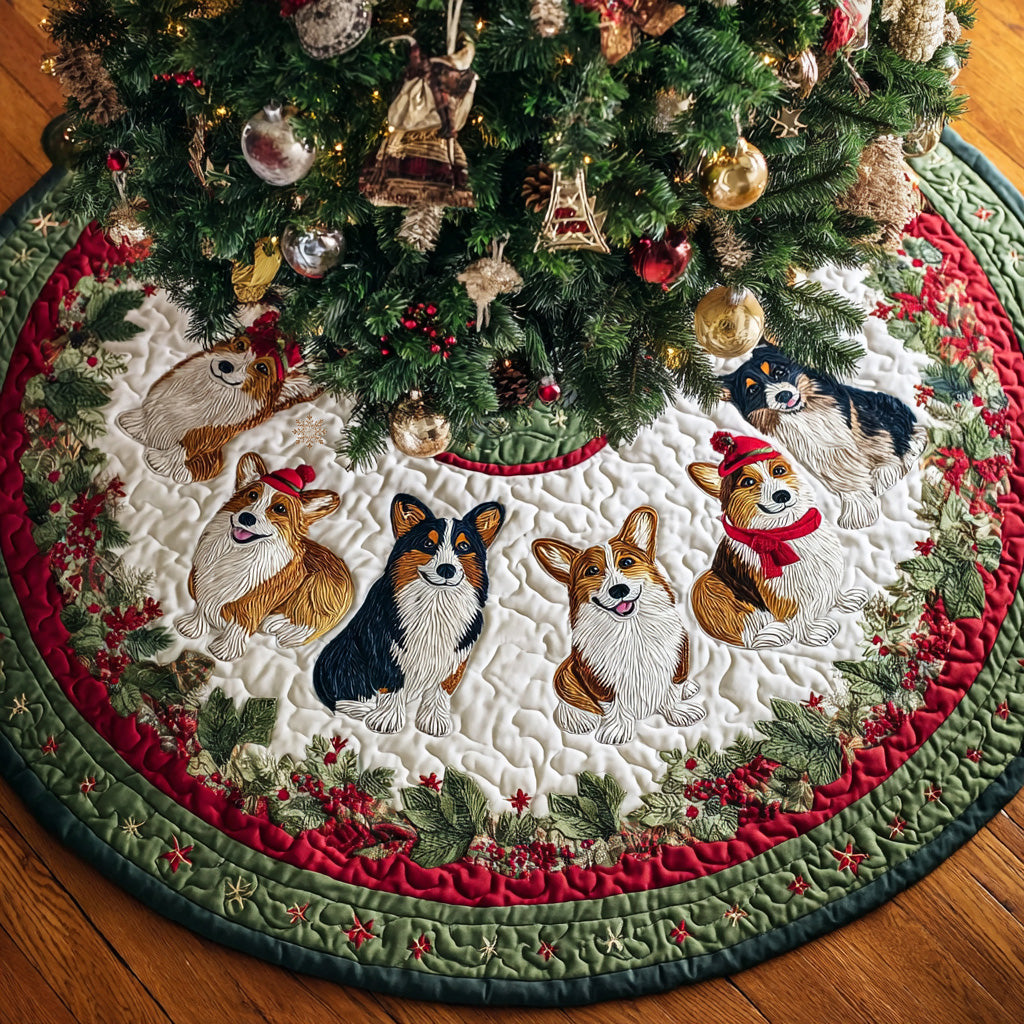 Jolly Corgi Tails Quilted Christmas Tree Skirt Holiday Home Decor Corgi Christmas Gifts