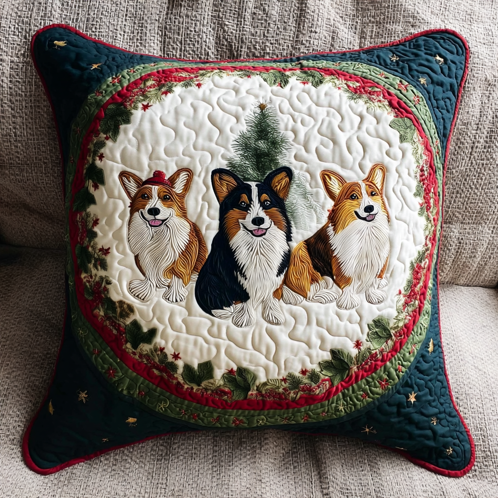 Jolly Corgi Tails Quilted Pillow Case Christmas Throw Pillow Covers Dog Themed Presents