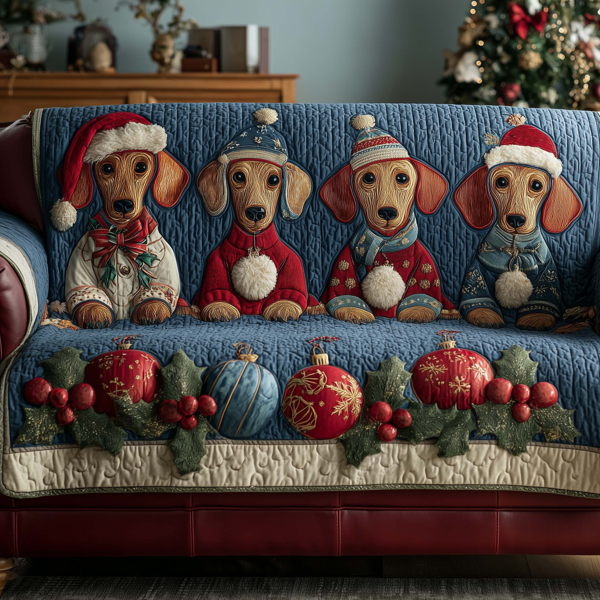 Jolly Dachshund Quilted Sofa Cover Cute Wiener Dog Sofa Throw Dachshund Christmas Gifts