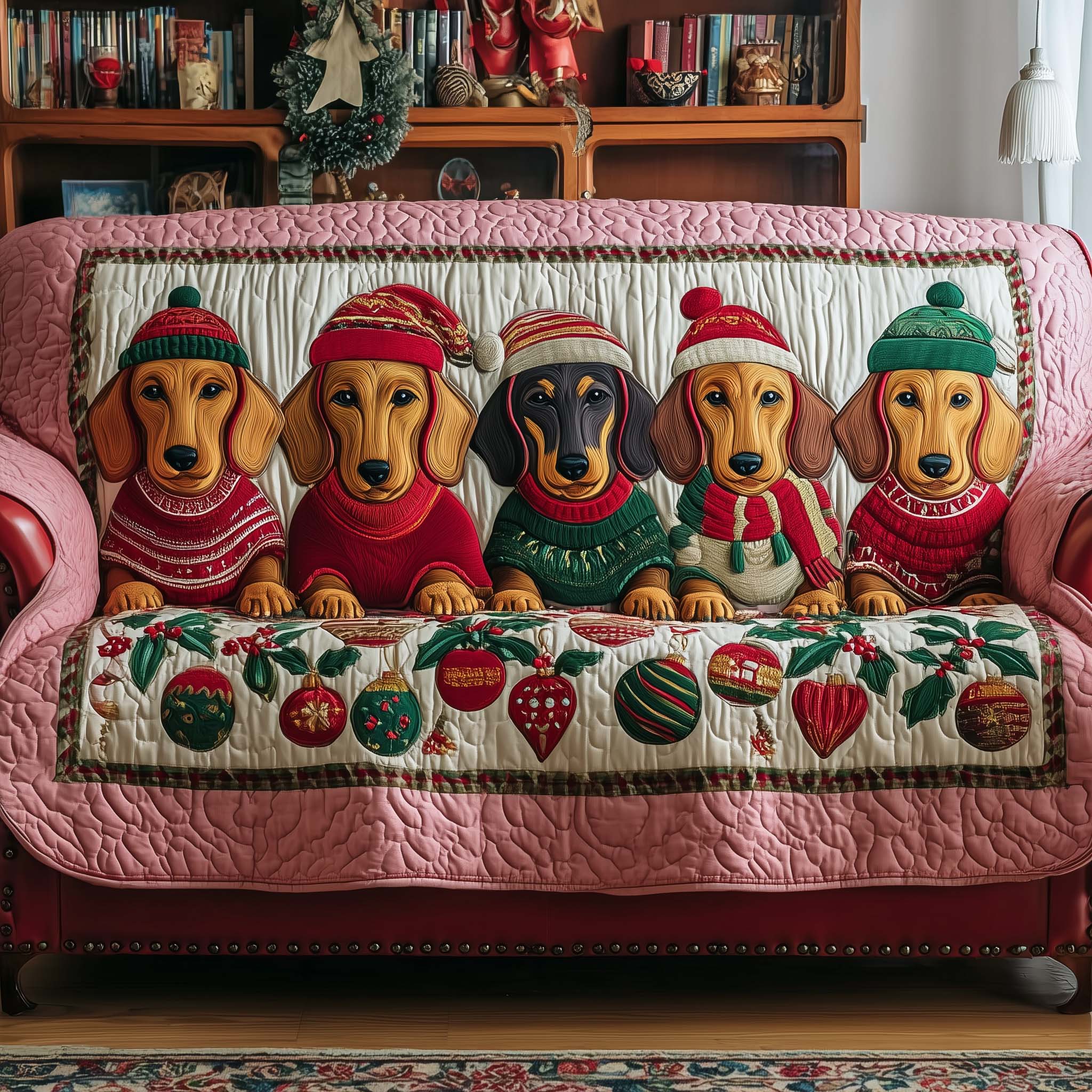 Jolly Dachshund Quilted Sofa Cover Happy Puppy Pattern Protector Dachshund Christmas Gifts