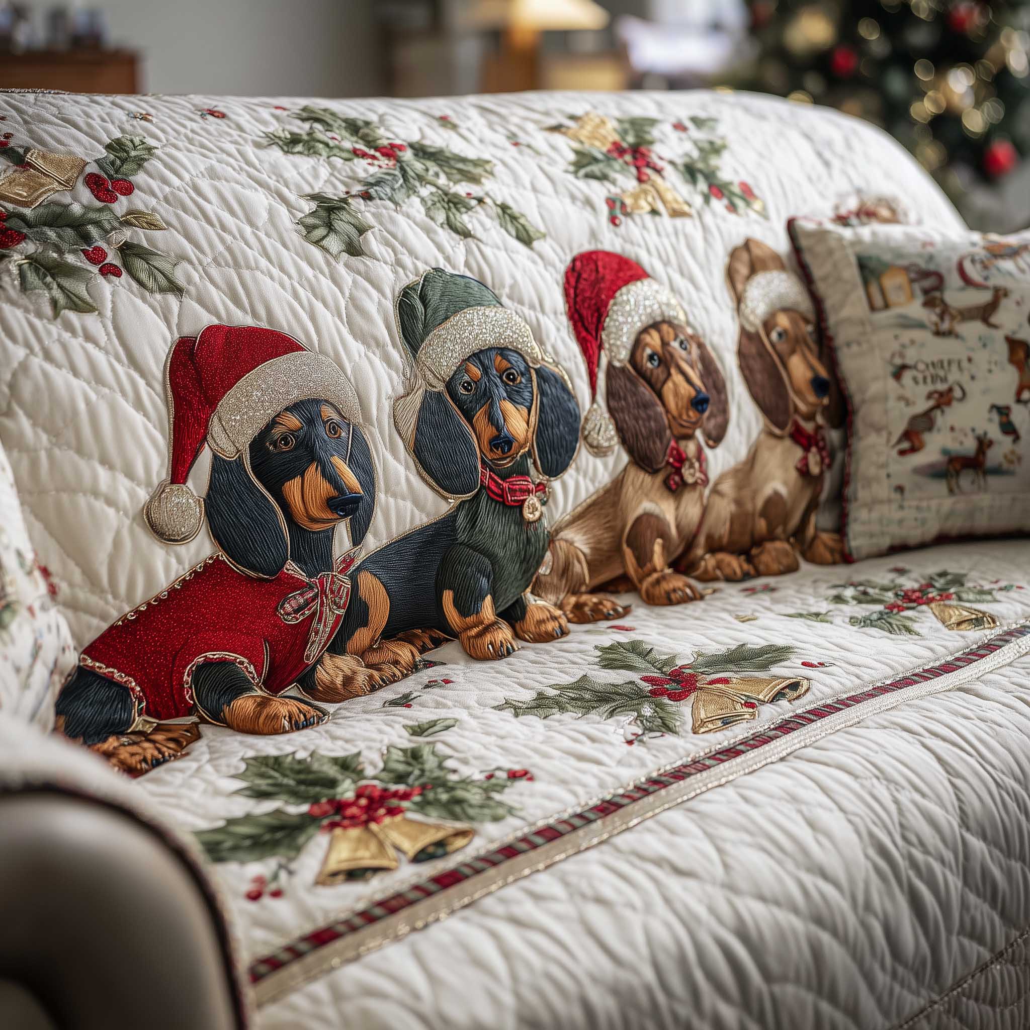 Jolly Dachshund Quilted Sofa Cover Happy Wiener Dog Protector Dachshund Christmas Gifts