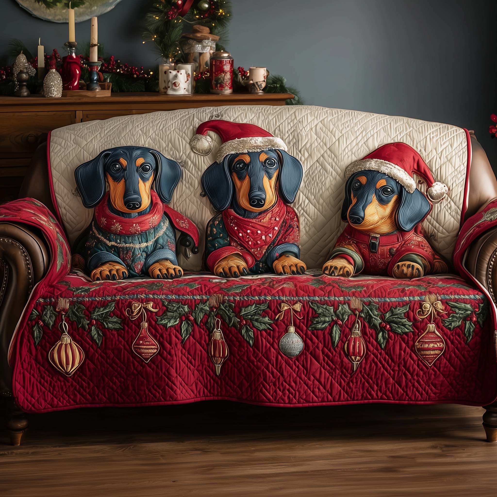 Jolly Dachshund Quilted Sofa Cover Puppy Sofa Durable Material Dachshund Christmas Gifts