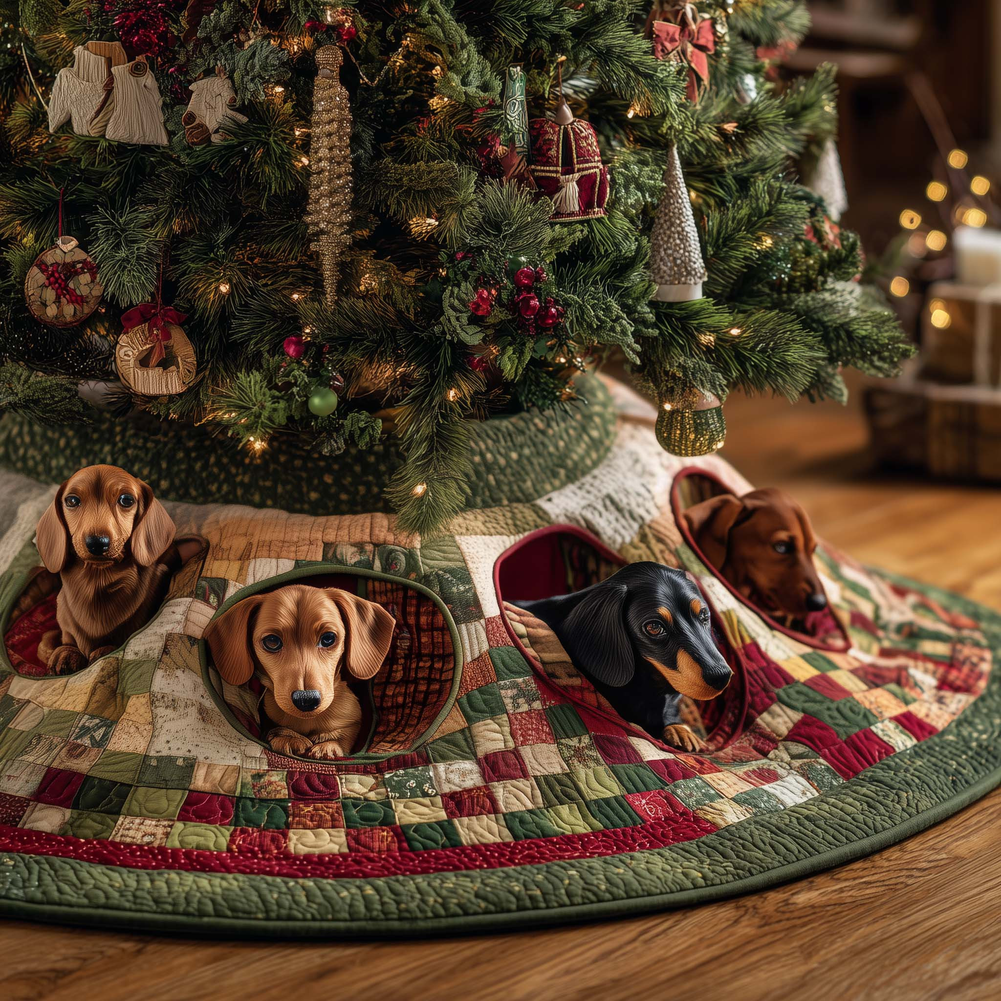 Jolly Dachshund Quilted Tree Skirt Dog Themed Christmas Decoration Gifts For Dachshund Lovers