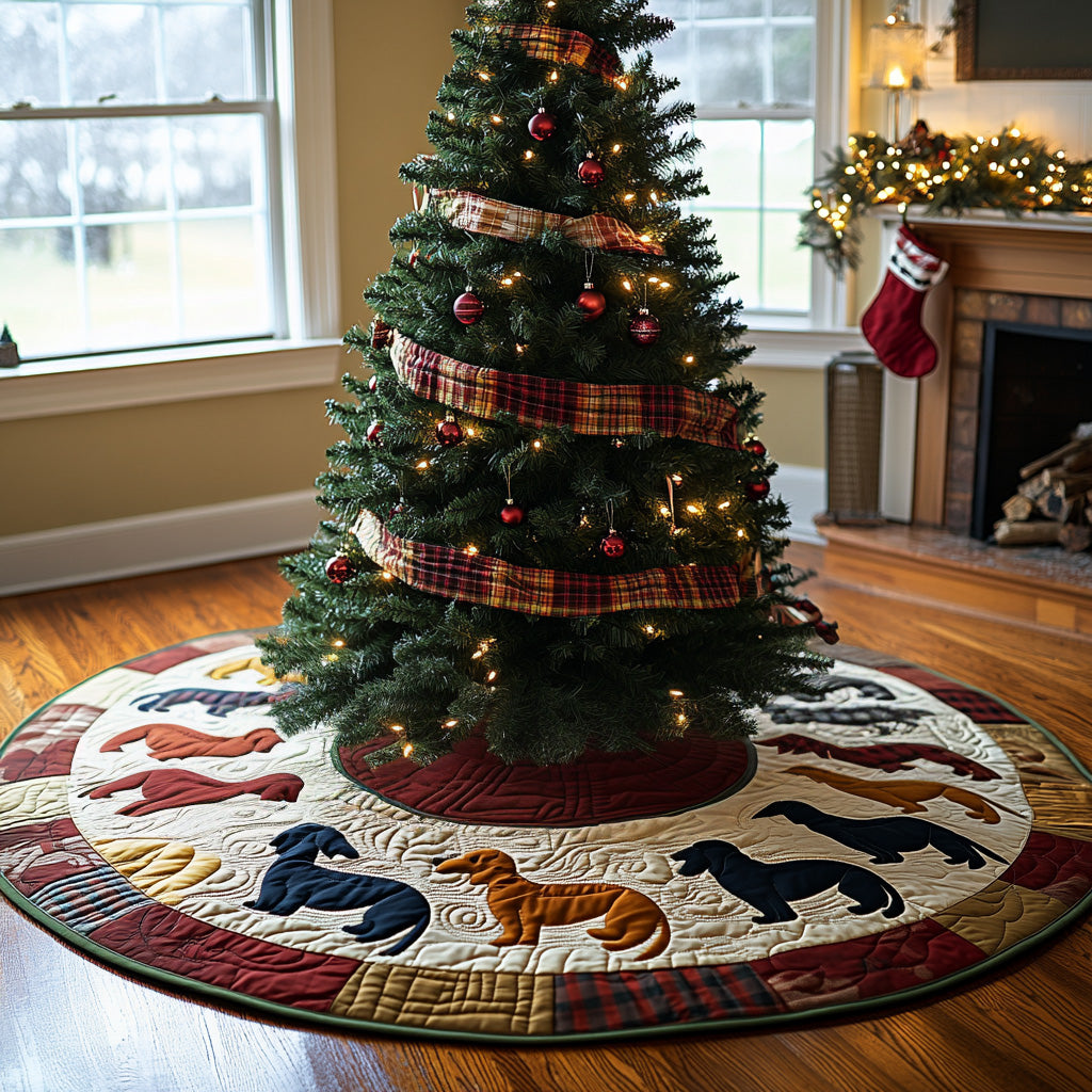 Jolly Doxie Glow Quilted Christmas Tree Skirt Cover For Xmas Tree Base Sausage Dog Presents