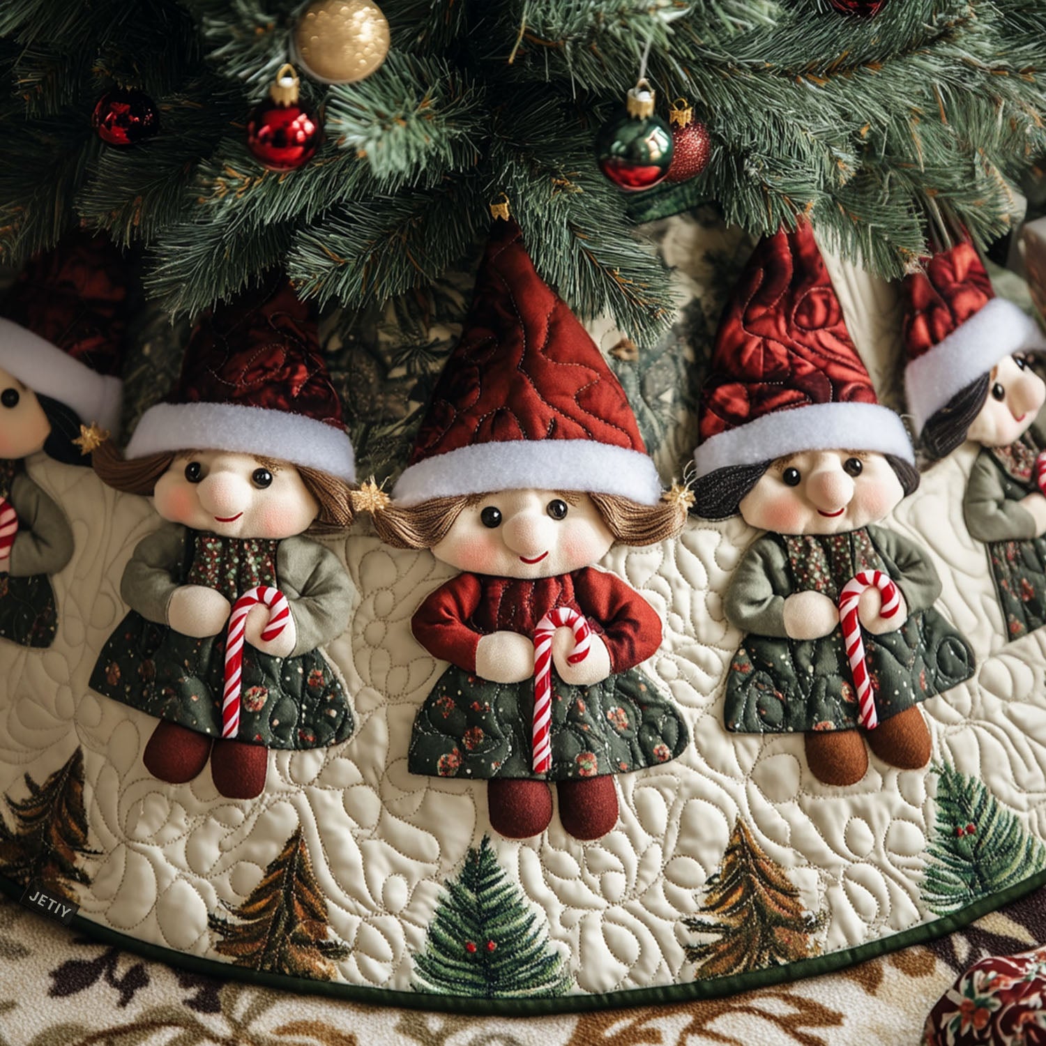 Jolly Elves Gathering Quilted Christmas Tree Skirt Modern Quilted Tree Skirt for Trendy Home Decoration