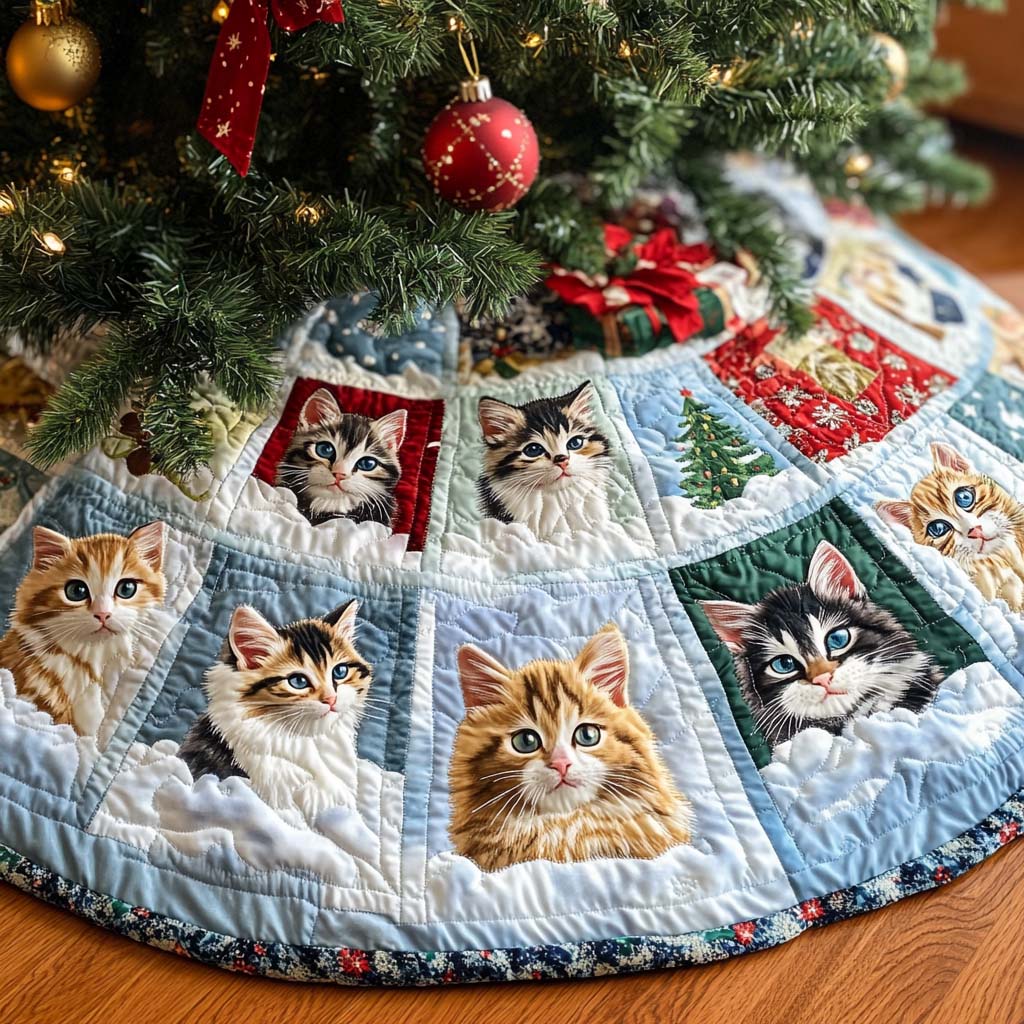 Jolly Feline Christmas Quilted Tree Skirt Premium Quilted Tree Skirt with Holiday Patterns