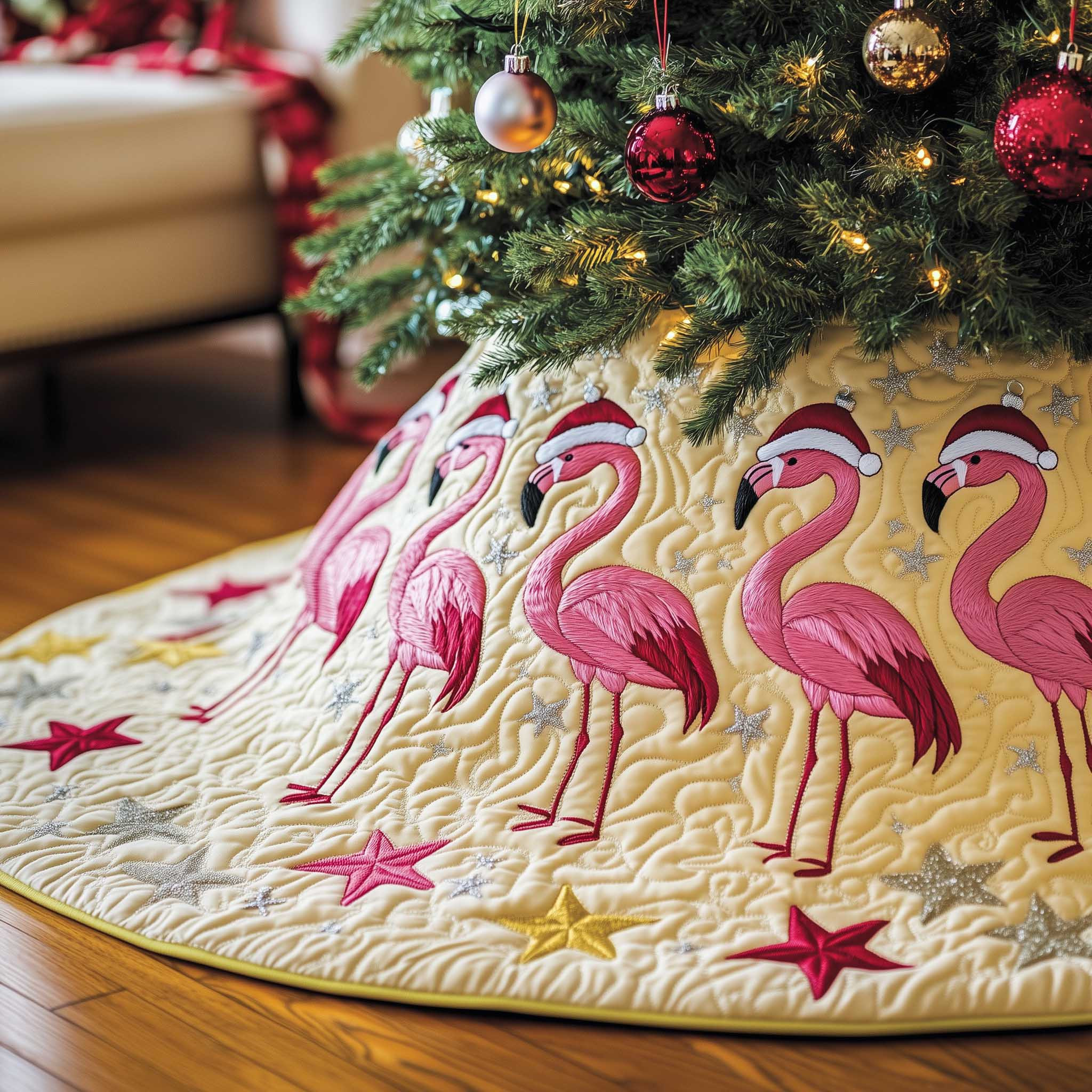 Jolly Flamingo Quilted Tree Skirt Aesthetic Home Decor Flamingo Lover Holiday Gifts