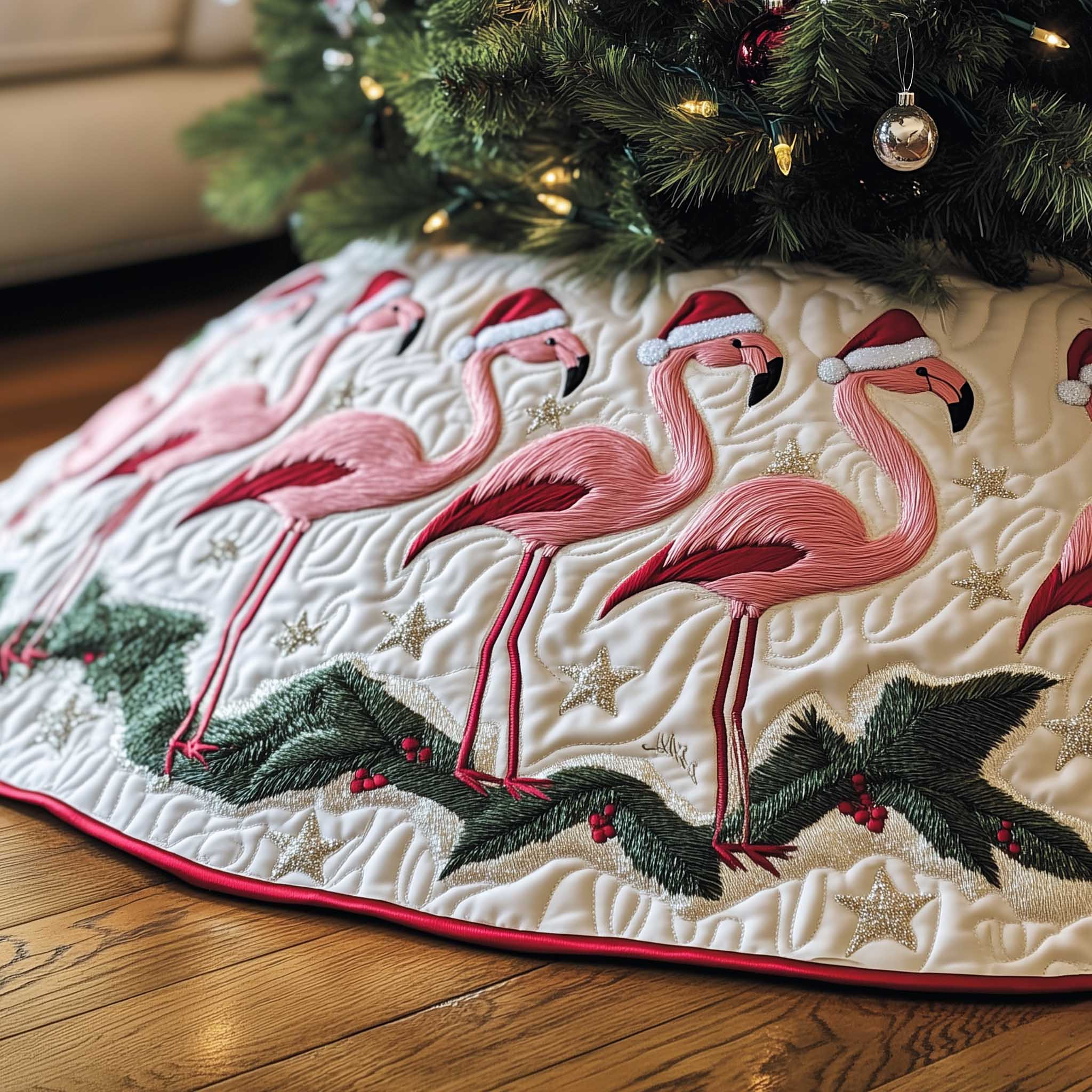 Jolly Flamingo Quilted Tree Skirt Animal Themed Aesthetic Home Decor Animal Lover Gifts