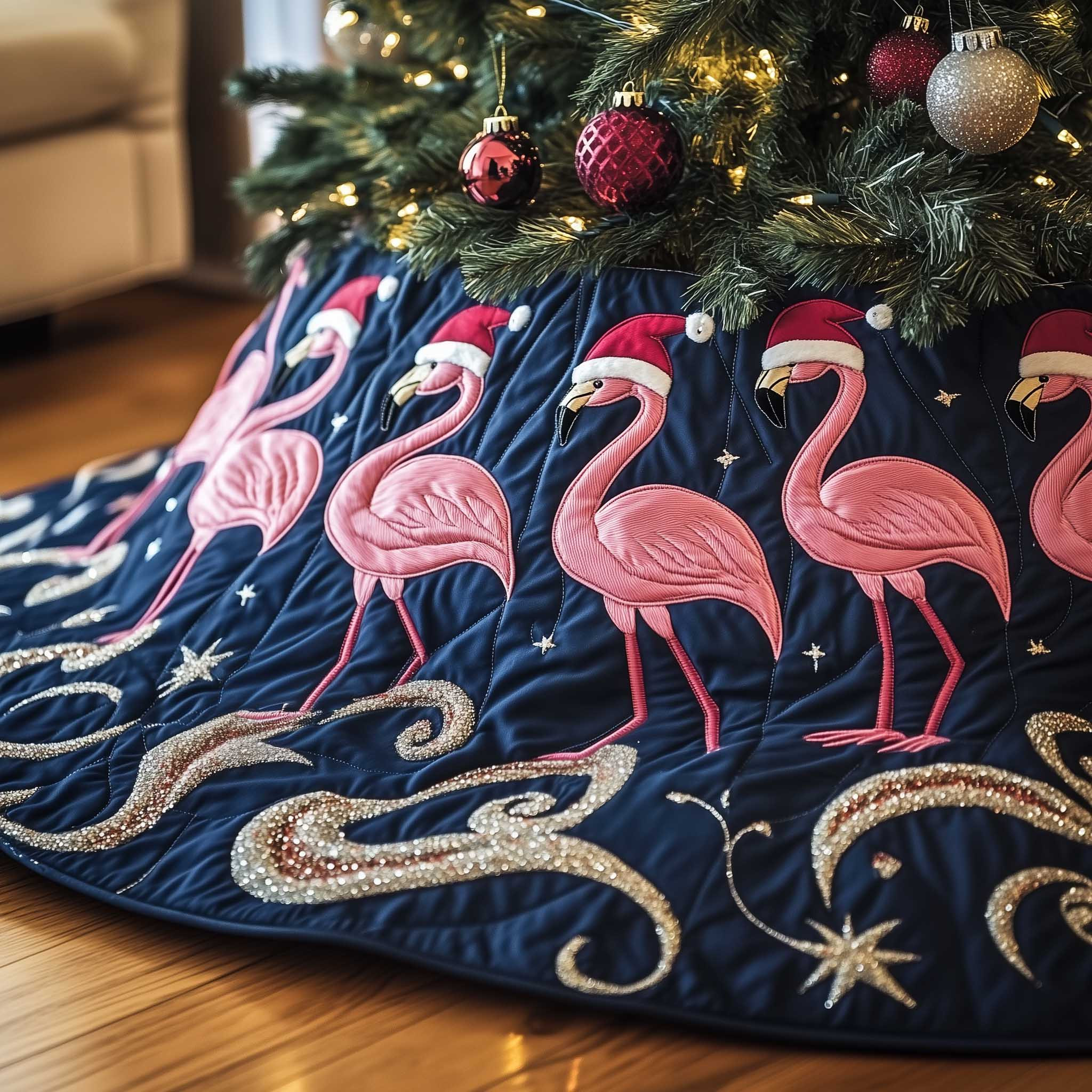 Jolly Flamingo Quilted Tree Skirt Animal Themed Aesthetic Home Decor Flamingo Presents