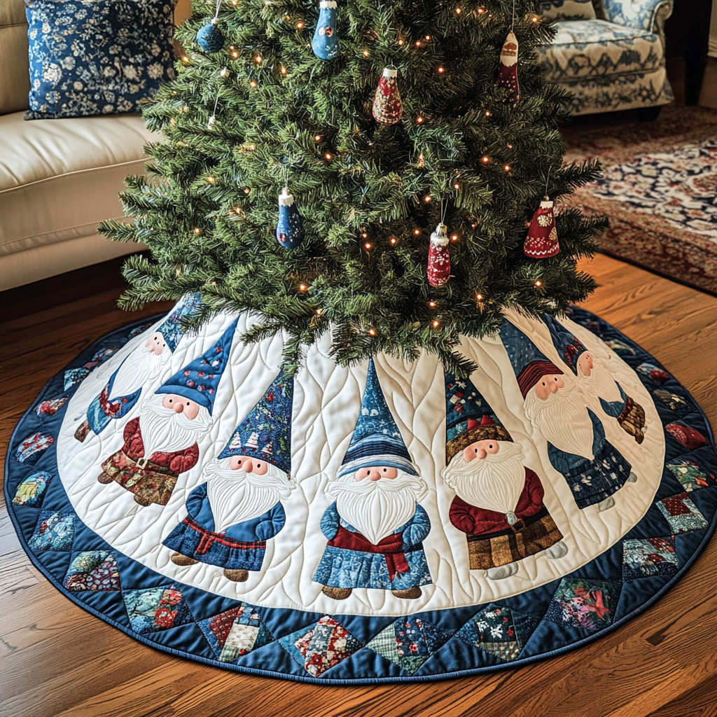 Jolly Gnome Wonderland Christmas Quilted Tree Skirt Beautiful Tree Skirt to Complete Your Christmas Look
