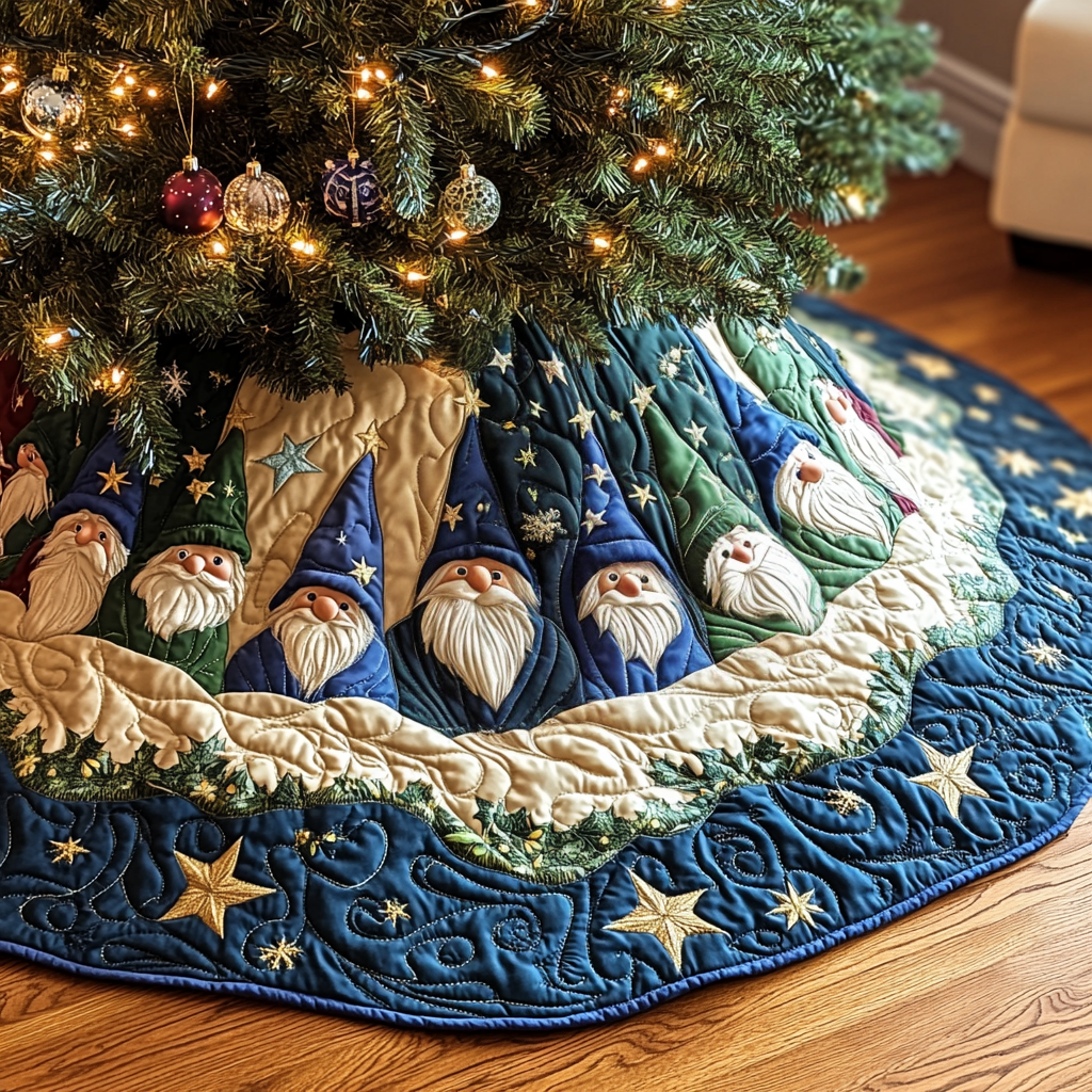 Jolly Gnomes Quilted Christmas Tree Skirt Cozy Holiday Tree Skirt to Brighten Your Home