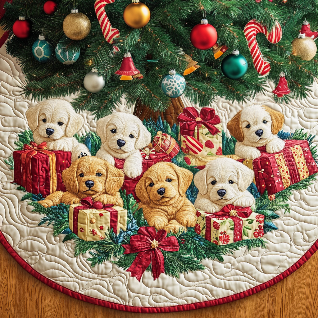Jolly Golden Paws Chritstmas Quilted Tree Skirt Lovely Holiday Tree Skirt for Festive Vibes