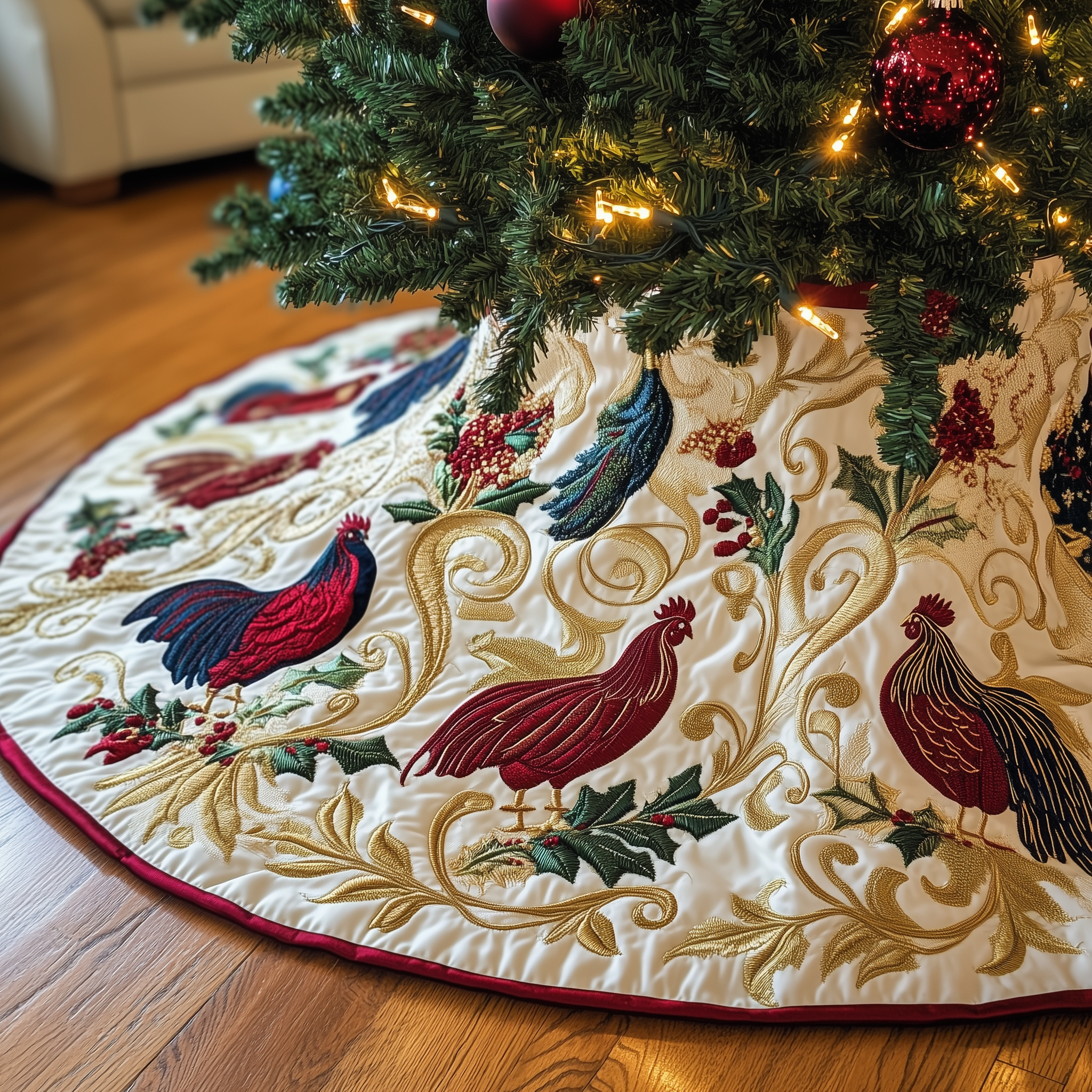 Jolly Holiday Chicken Quilted Tree Skirt Christmas Xmas Tree Base Cover Decorations Gifts For Chicken Lovers