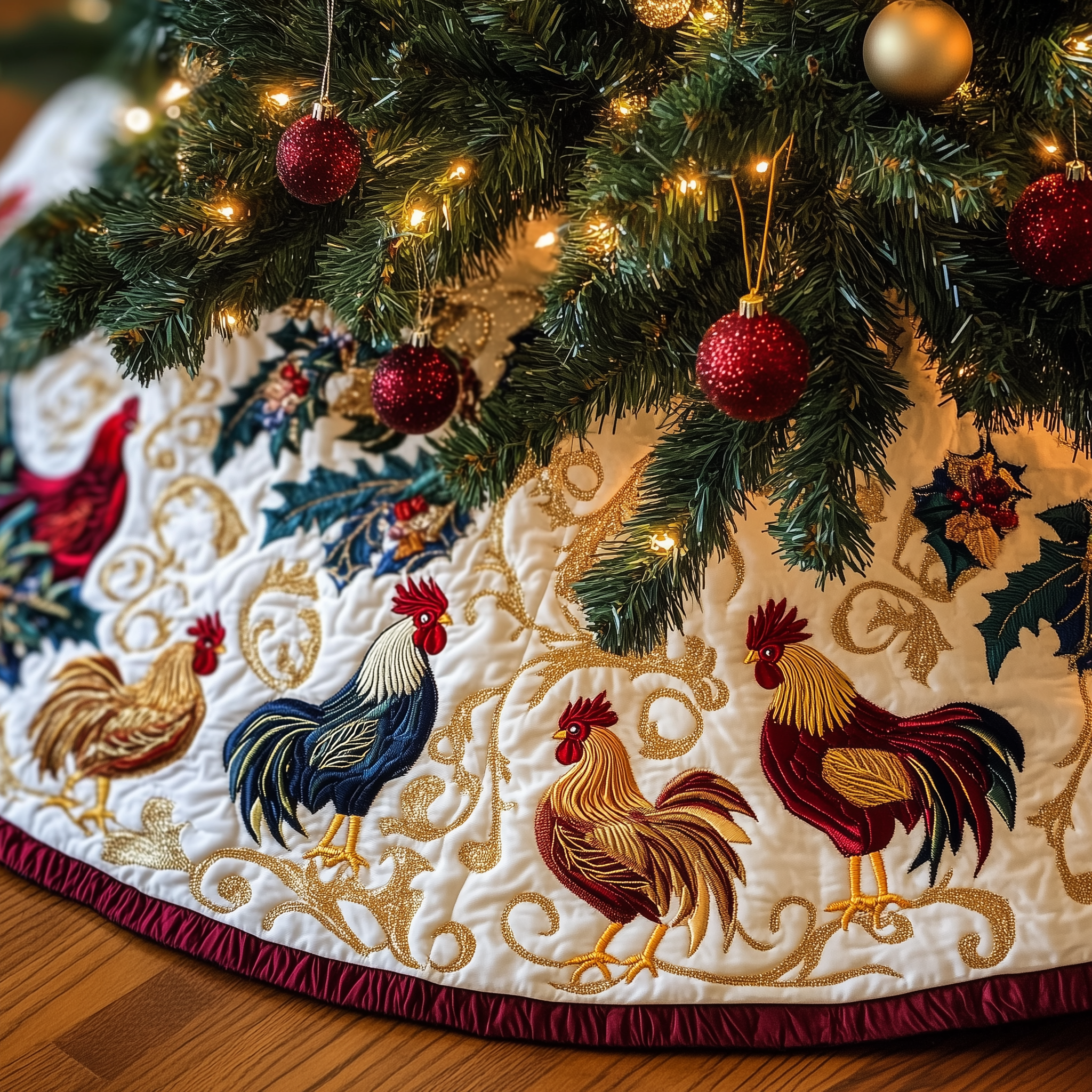 Jolly Holiday Chicken Quilted Tree Skirt Christmas Xmas Tree Base Cover Decorations Gifts For Chicken Lovers