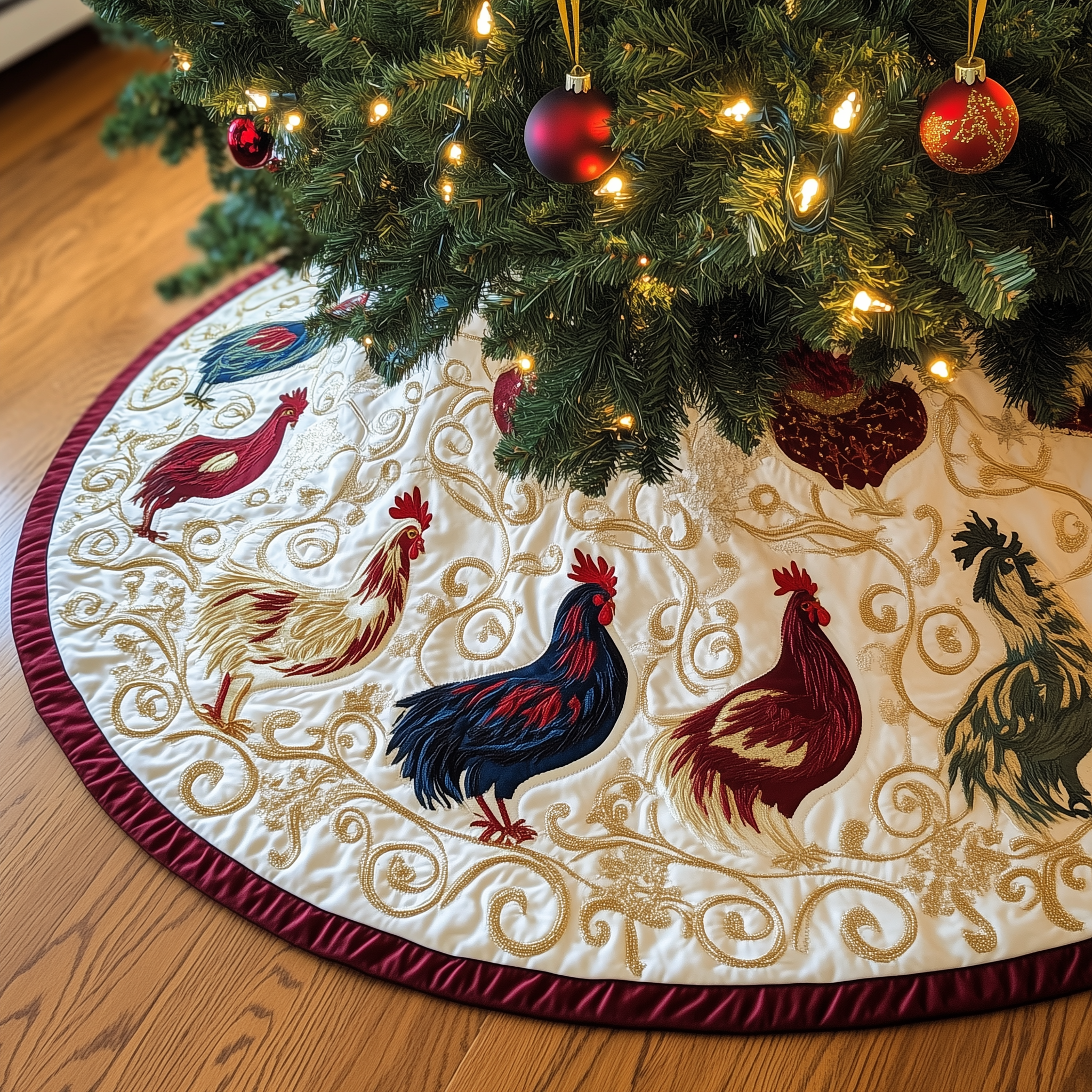 Jolly Holiday Chicken Quilted Tree Skirt Xmas Christmas Tree Base Cover Decorations Themed Chicken Related