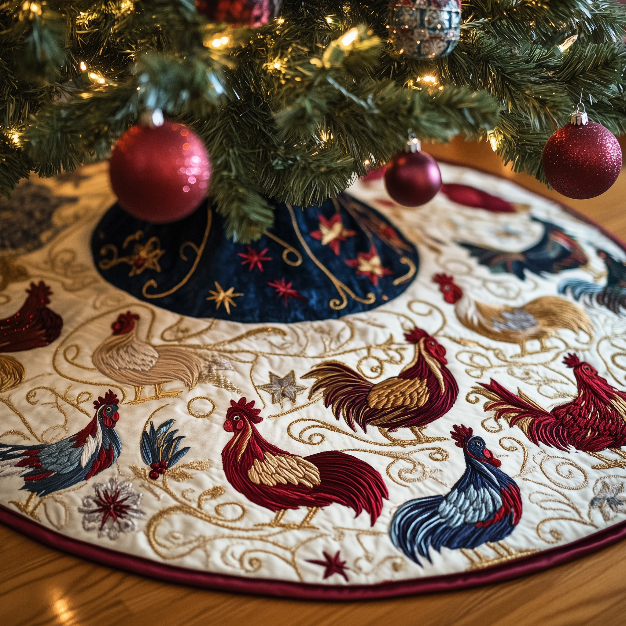 Jolly Holiday Chicken Quilted Tree Skirt Xmas Christmas Tree Base Cover Decorations Themed Chicken Related