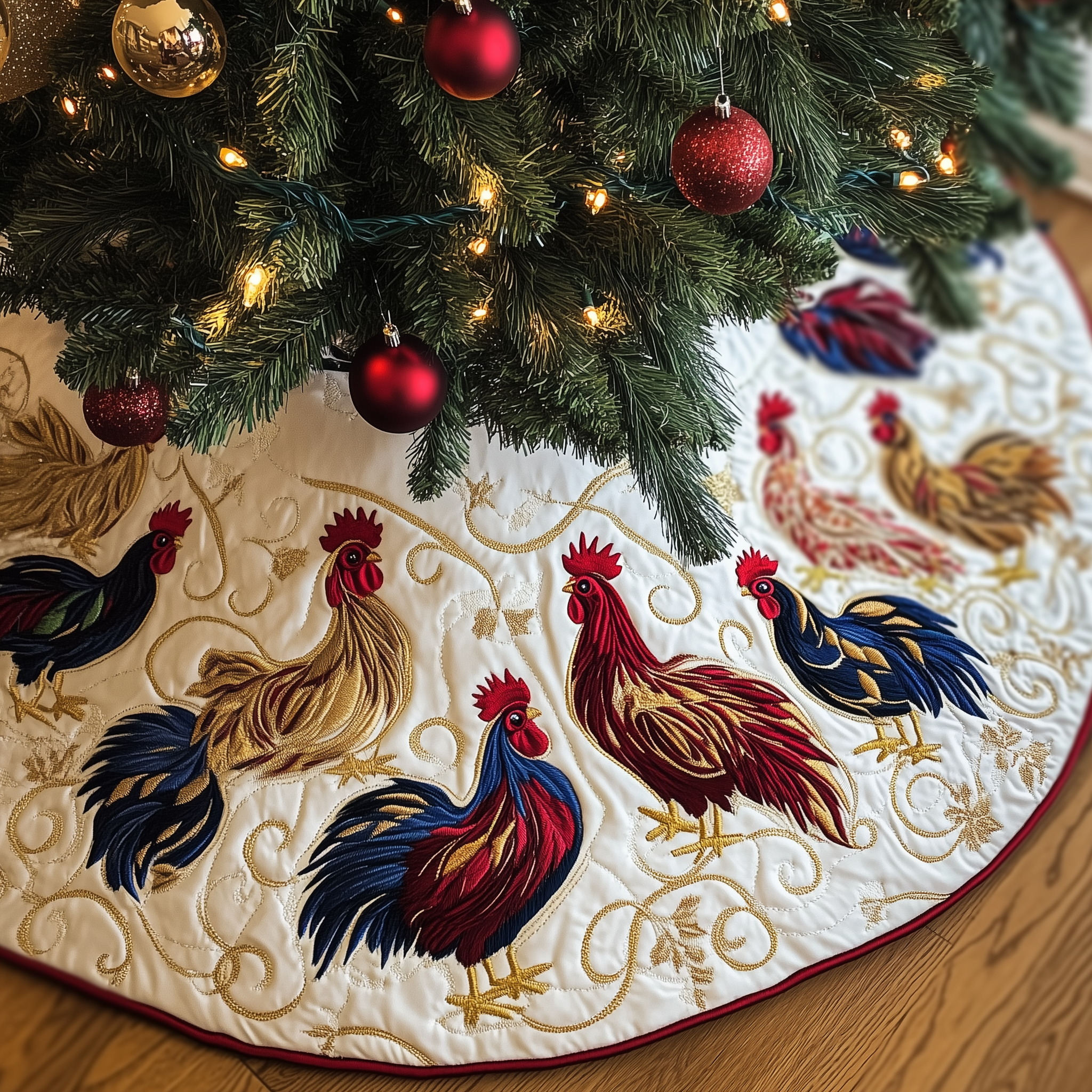 Jolly Holiday Chicken Quilted Tree Skirt Xmas Christmas Tree Base Cover Decorations Themed Chicken Related