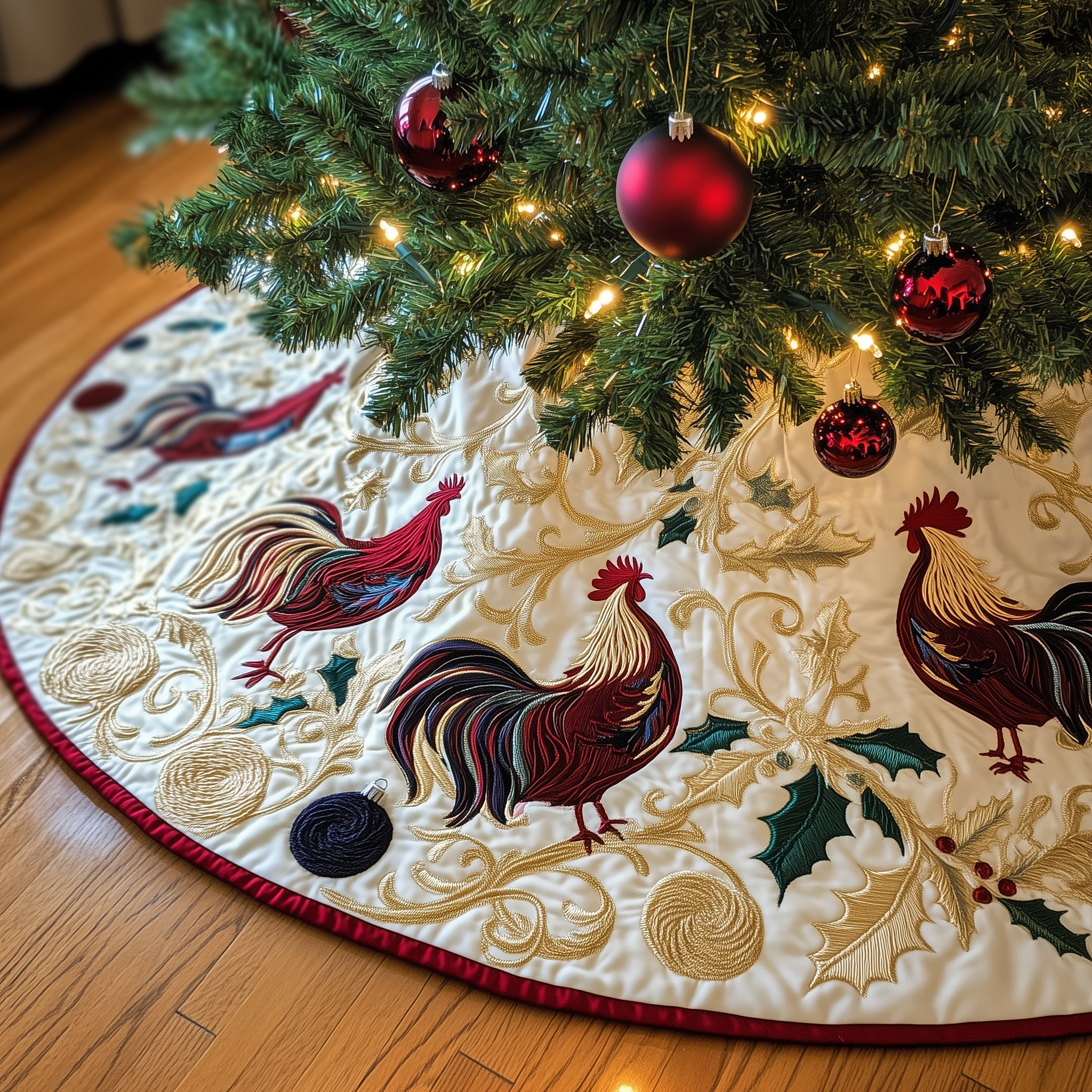 Jolly Holiday Chicken Quilted Tree Skirt Xmas Christmas Tree Base Cover Decorations Themed Chicken Related